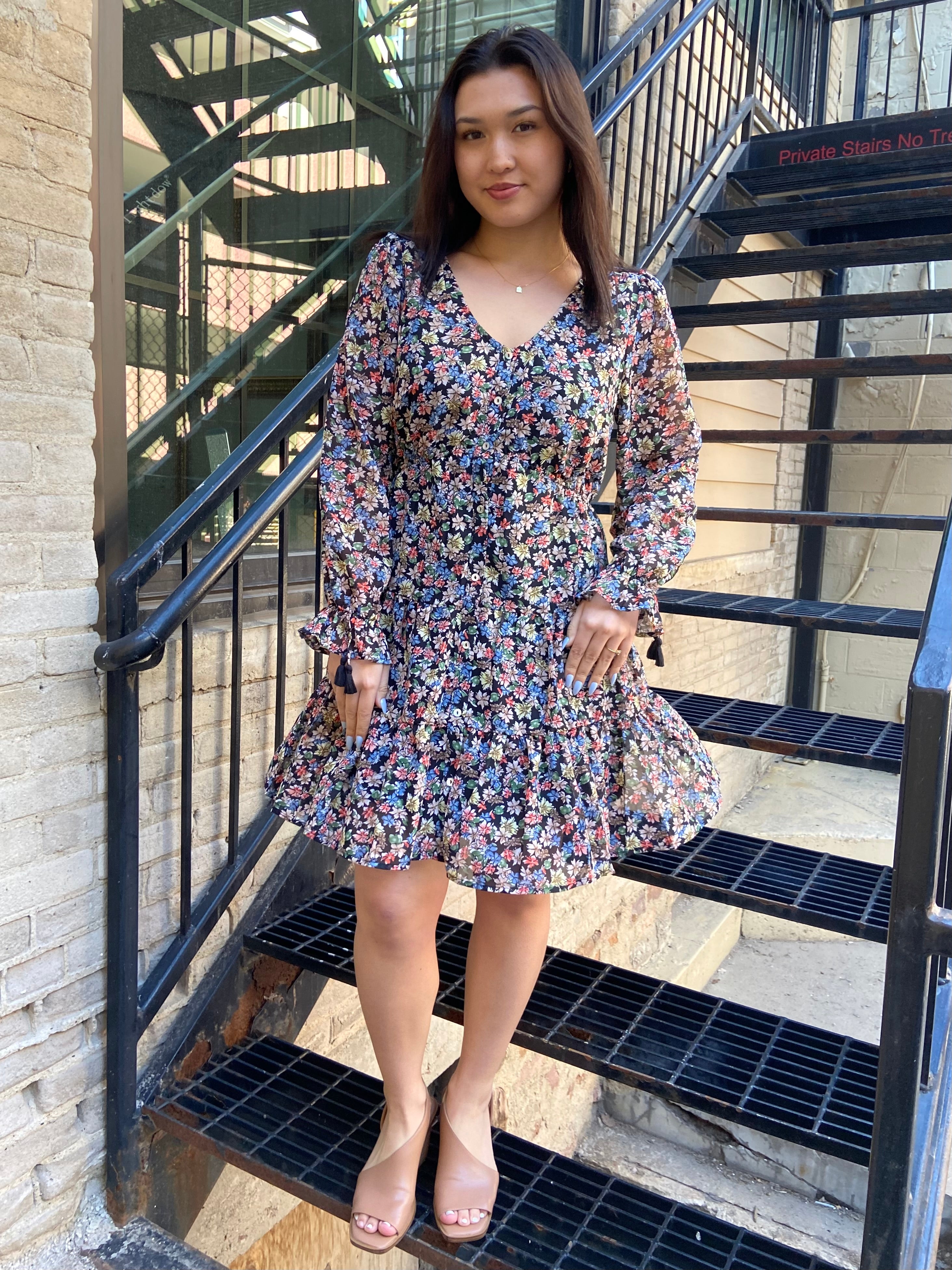 Courtney Black Floral Dainty Long Sleeve Mini Dress