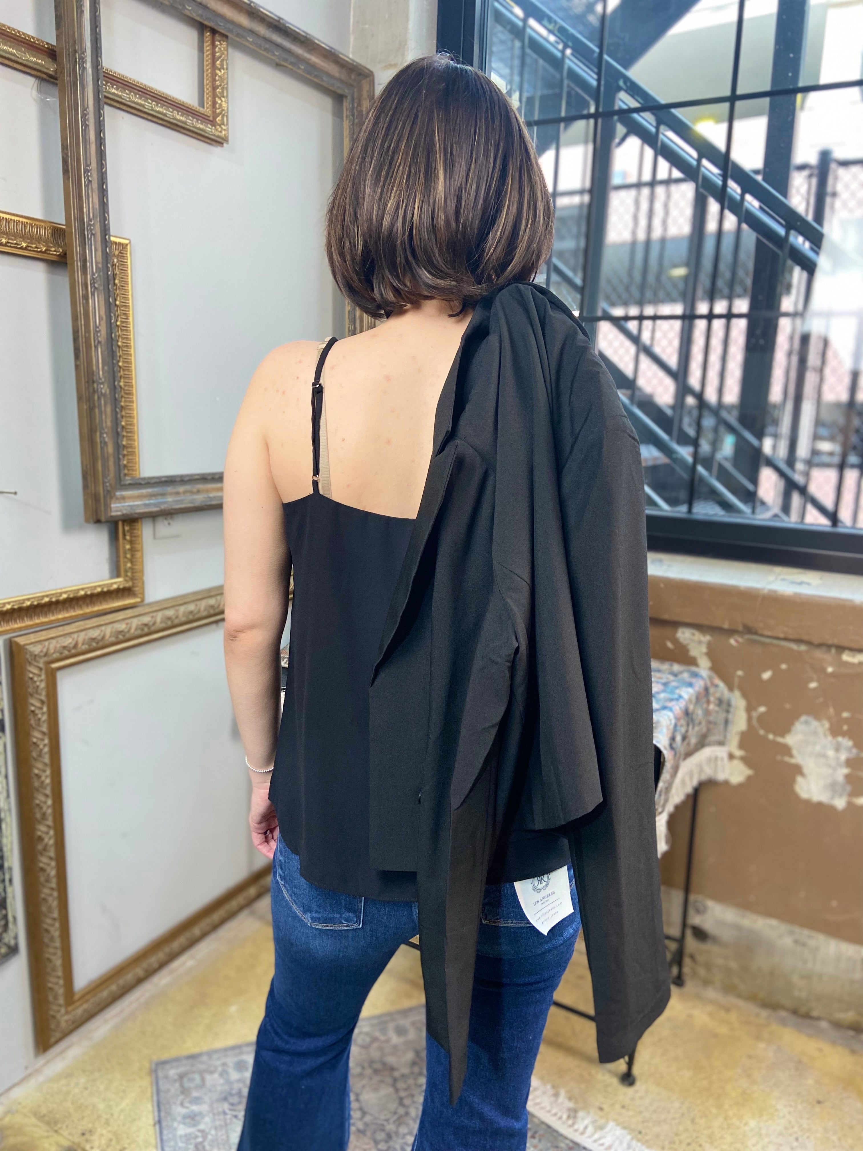 Tessa Black Pleated Ruffle Cami Top