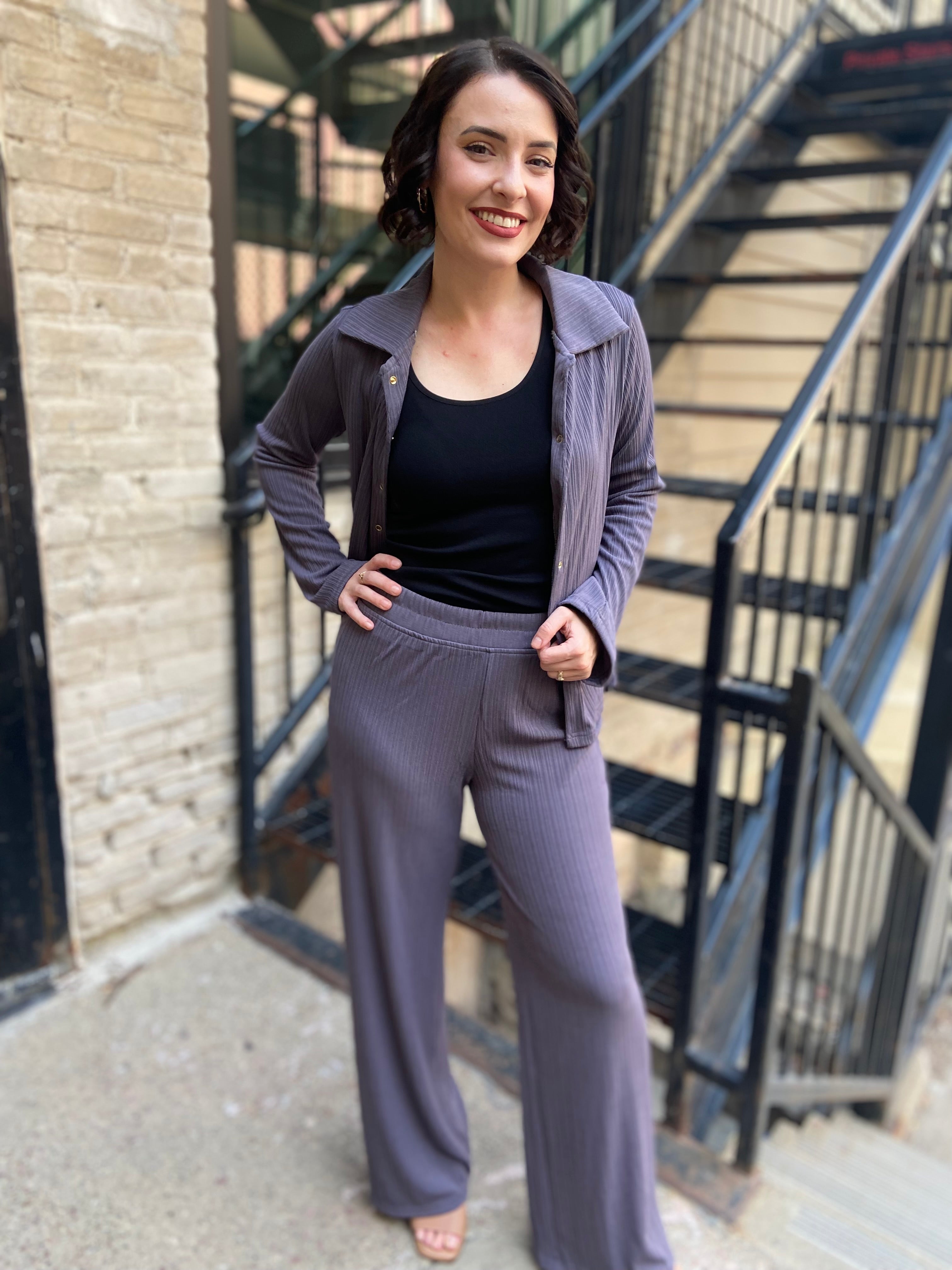 Sofie Gray Button Up Belted Crinkle Set