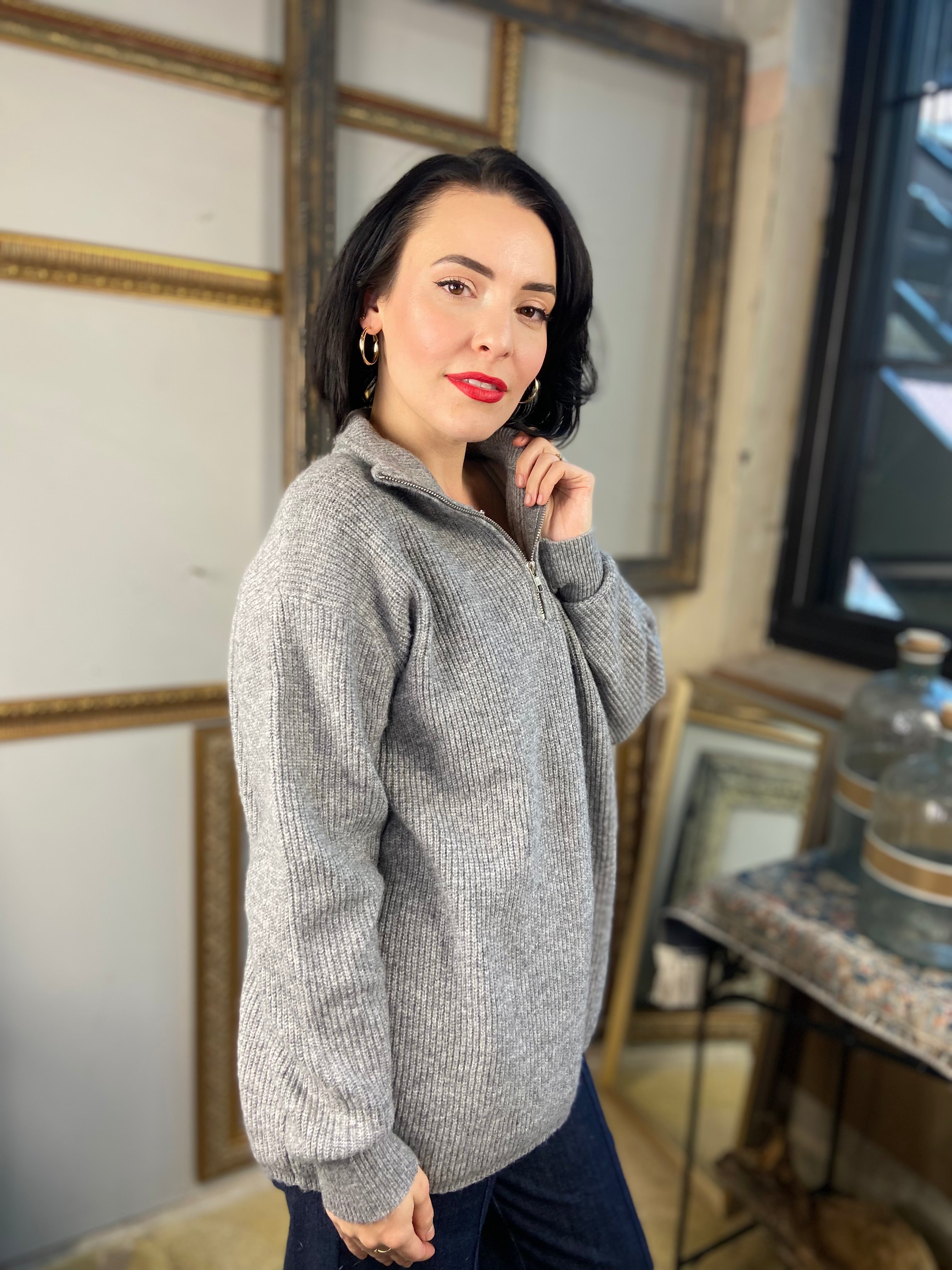Riley Heather Gray Knit Half Zip Sweater