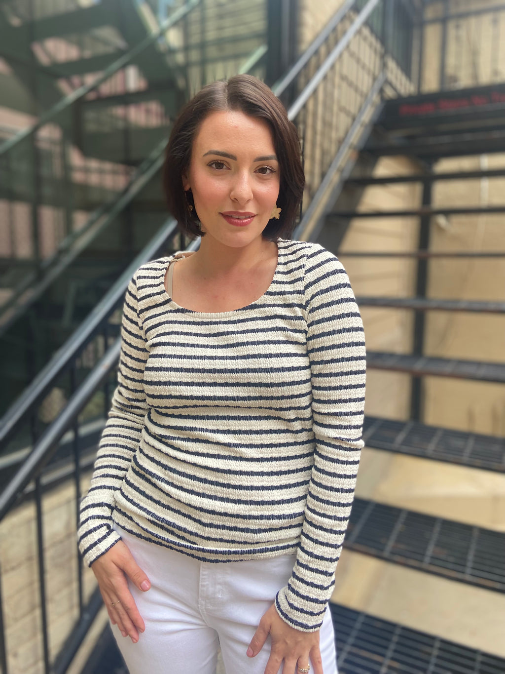 Eleanora Cream & Black Scoop Neck Long Sleeve Top