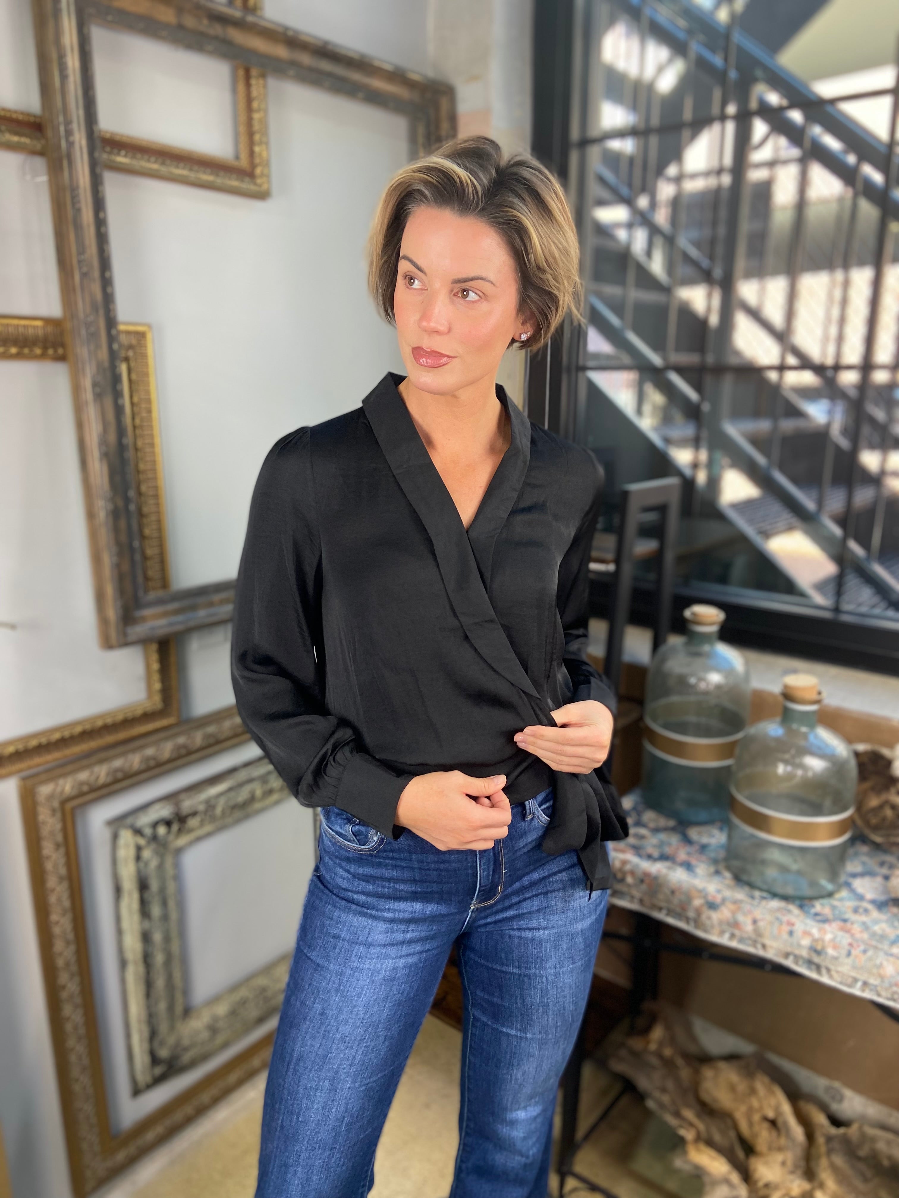 Brooke Black Tie Long Balloon Sleeve Blouse