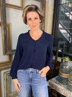 Nora Navy Blue Ruffle Long Sleeve Button Top