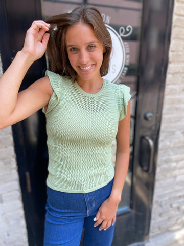 Olin Light Sage Ruffle Sleeve Knit Top