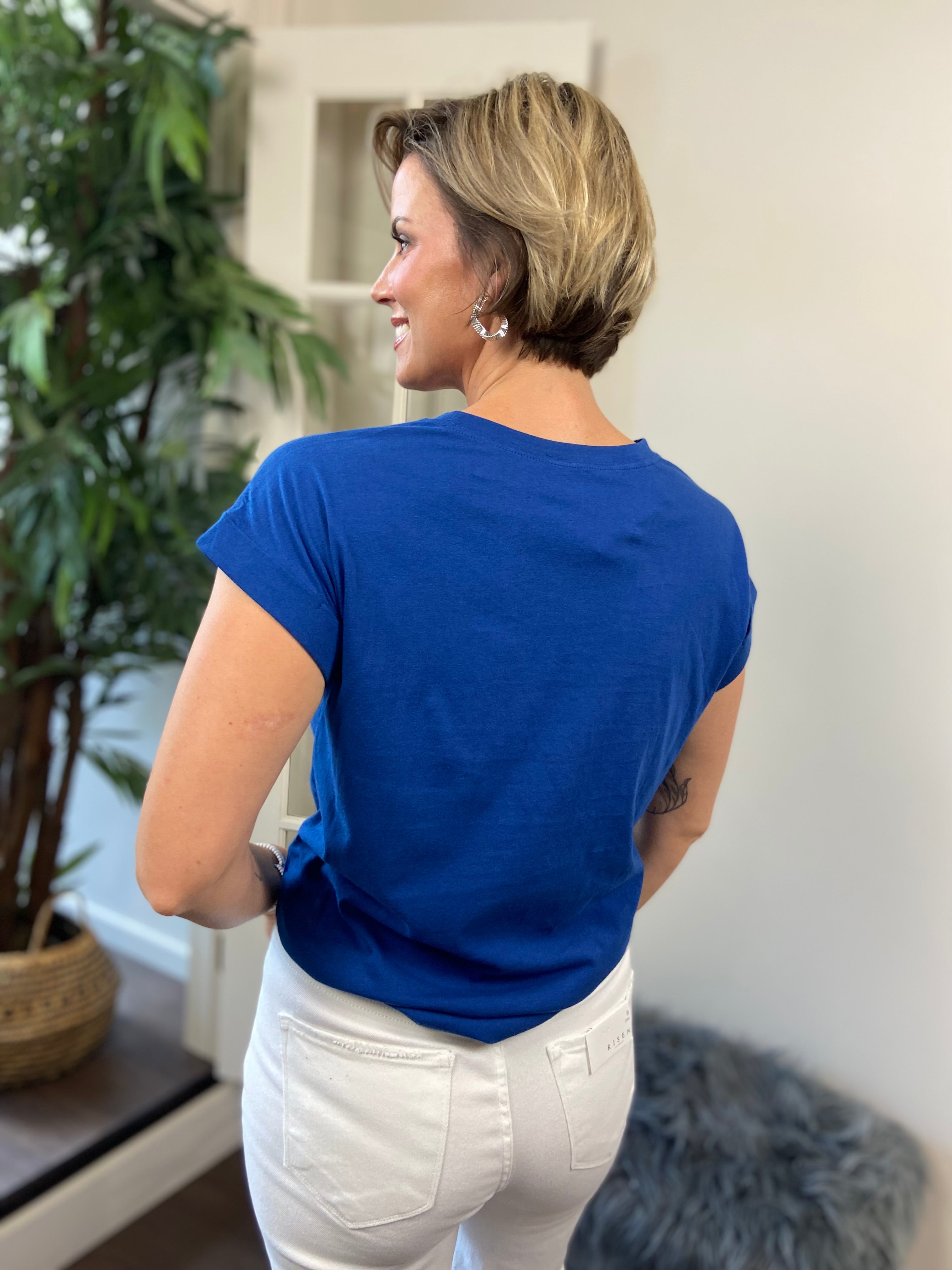 Mara Navy Blue Cuff Sleeve Shirt - MK Threads Boutique