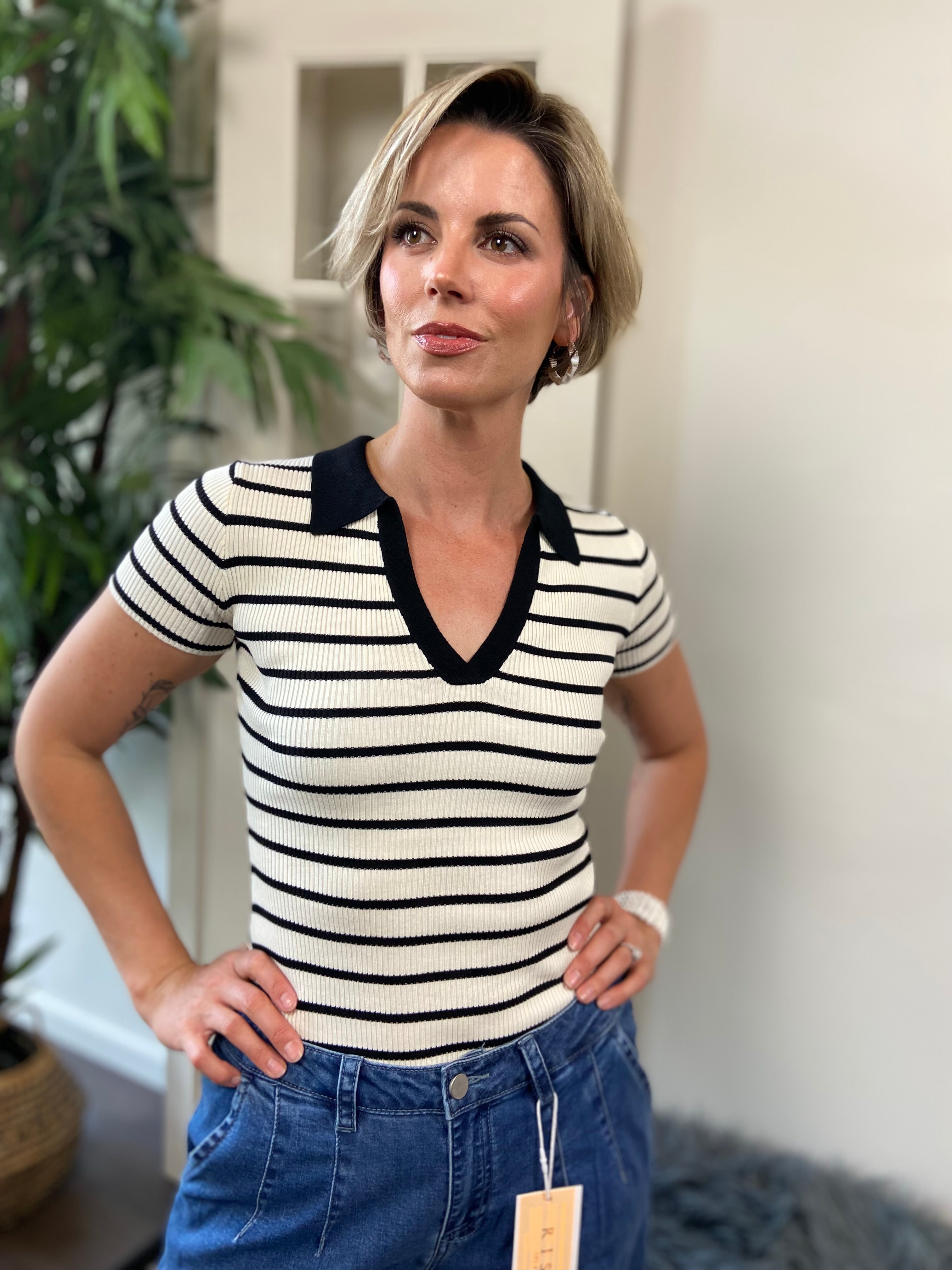 Elias Cream & Black Collared Stripe Top - MK Threads Boutique
