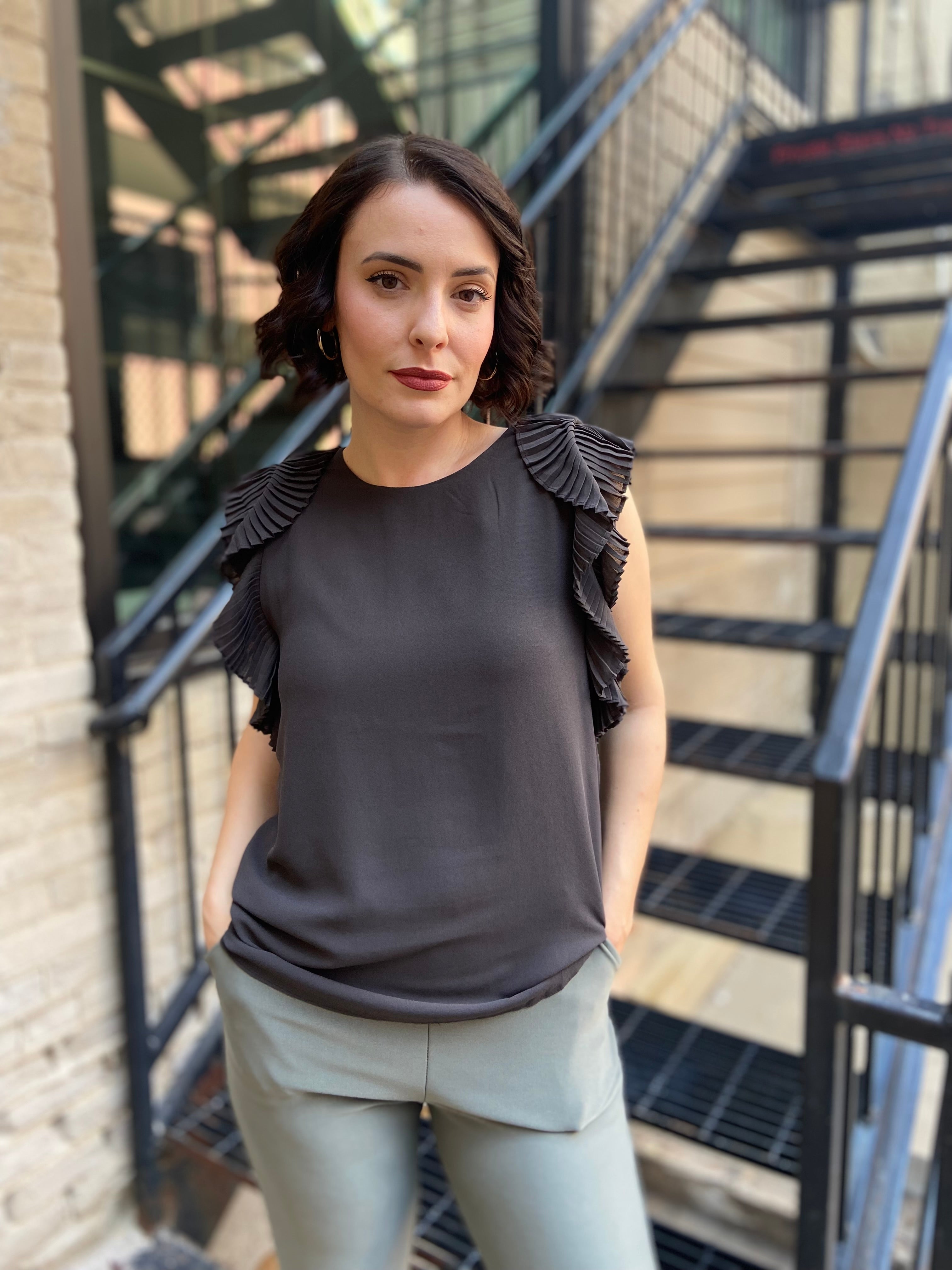 Emmett Gray Pleated Flutter Sleeve Blouse