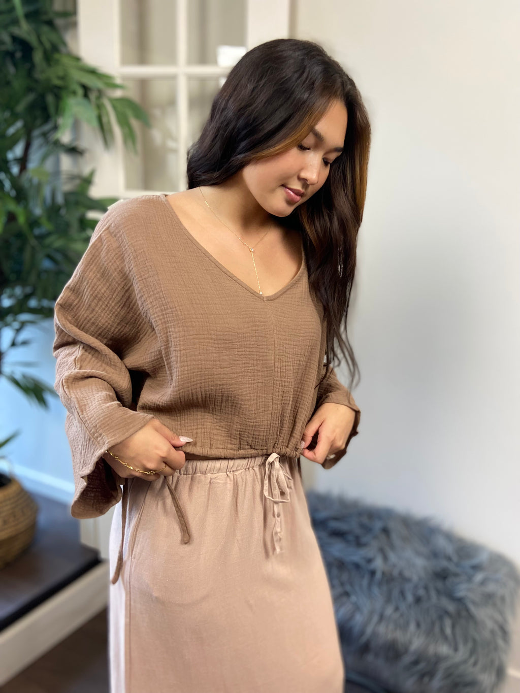 Calla Tan Guaze Bell Sleeve Top - MK Threads Boutique