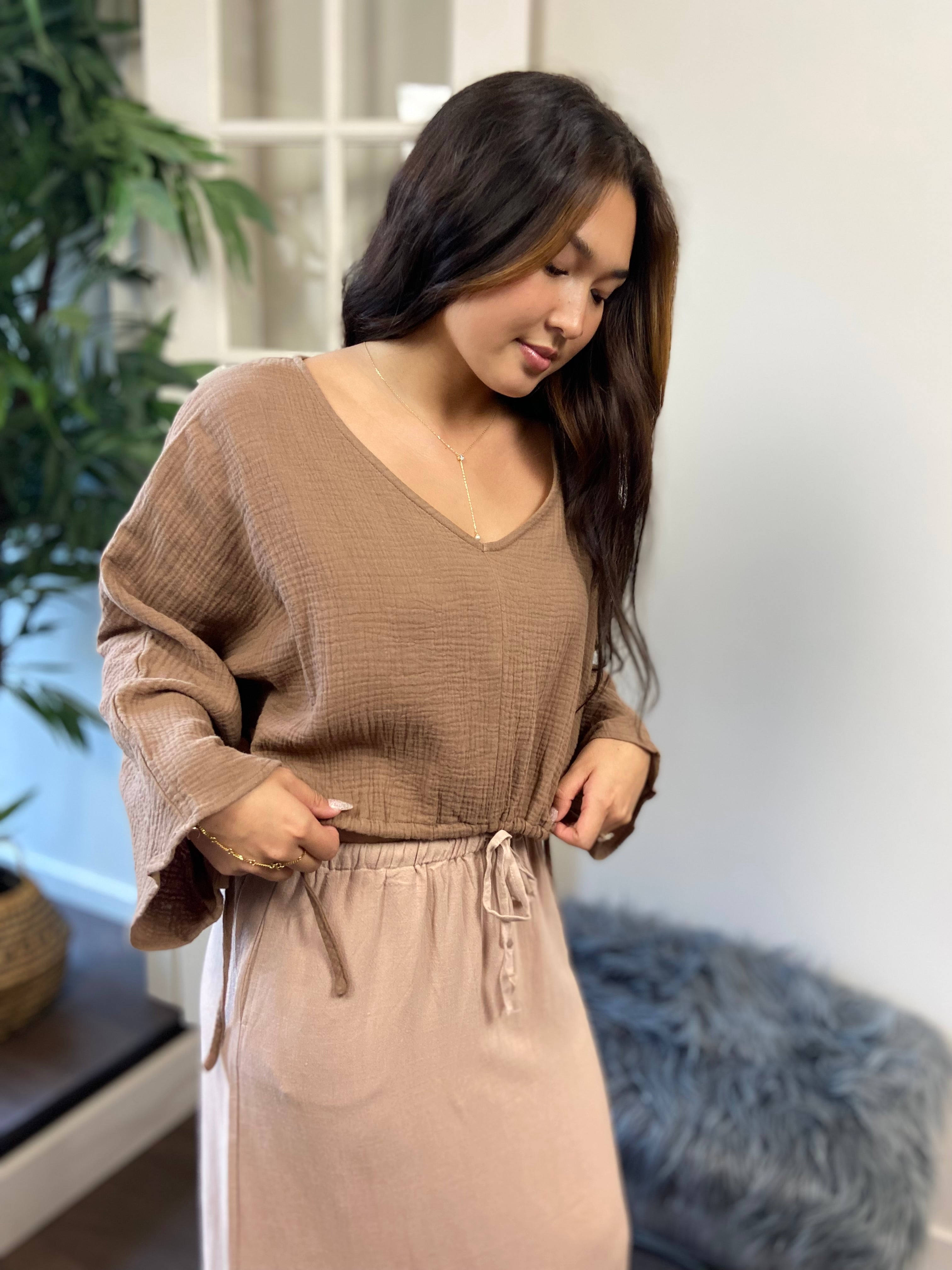 Calla Tan Guaze Bell Sleeve Top - MK Threads Boutique