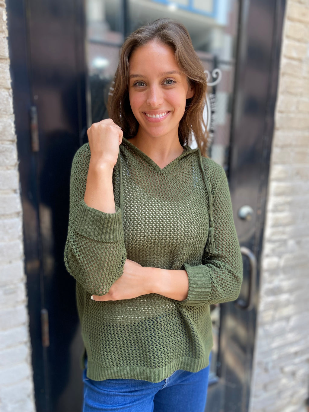 Bianca Olive Crochet Hoodie Sweater Top