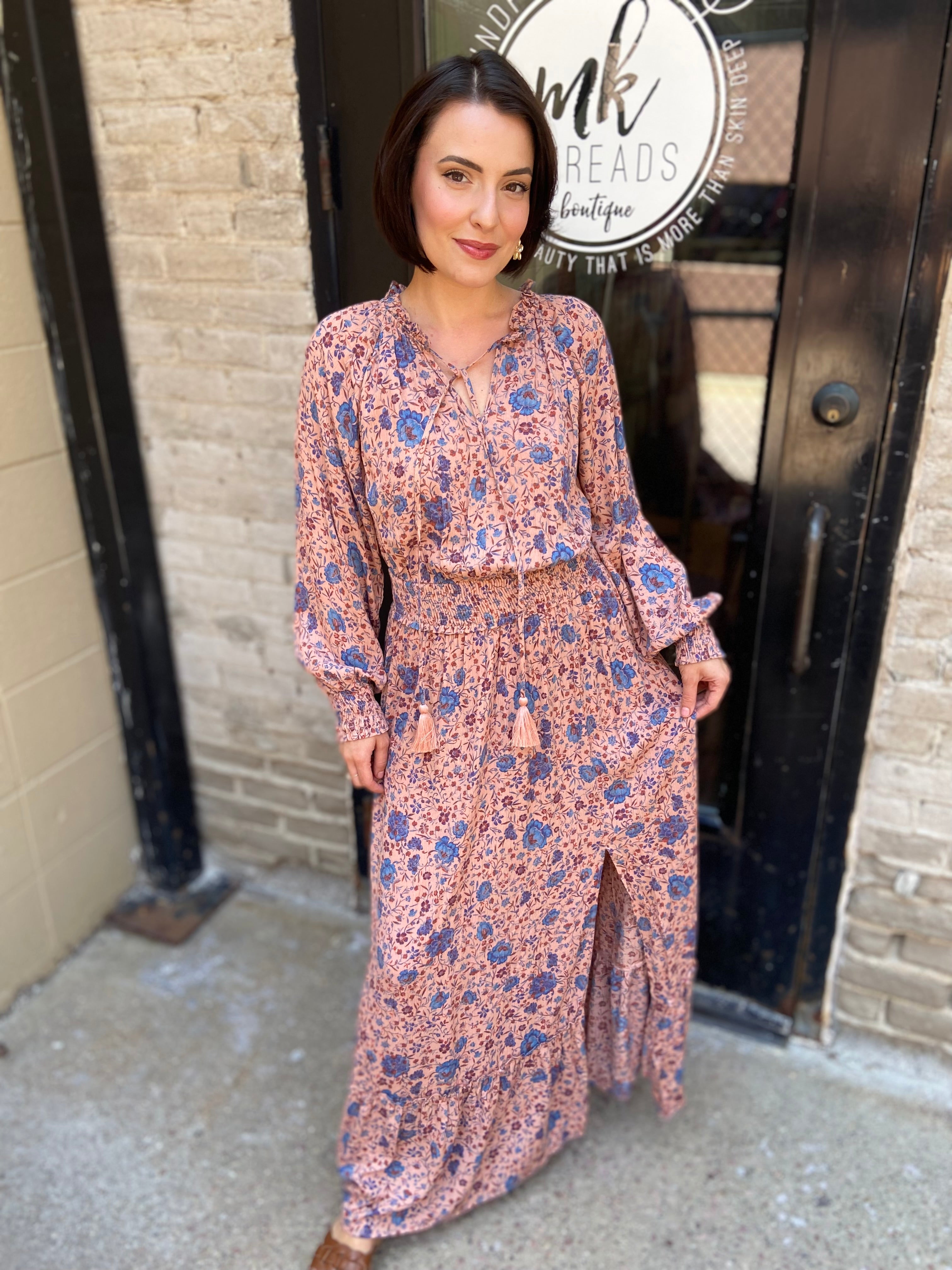 Florian Blue Clay Floral Print Neck Tie Maxi Dress