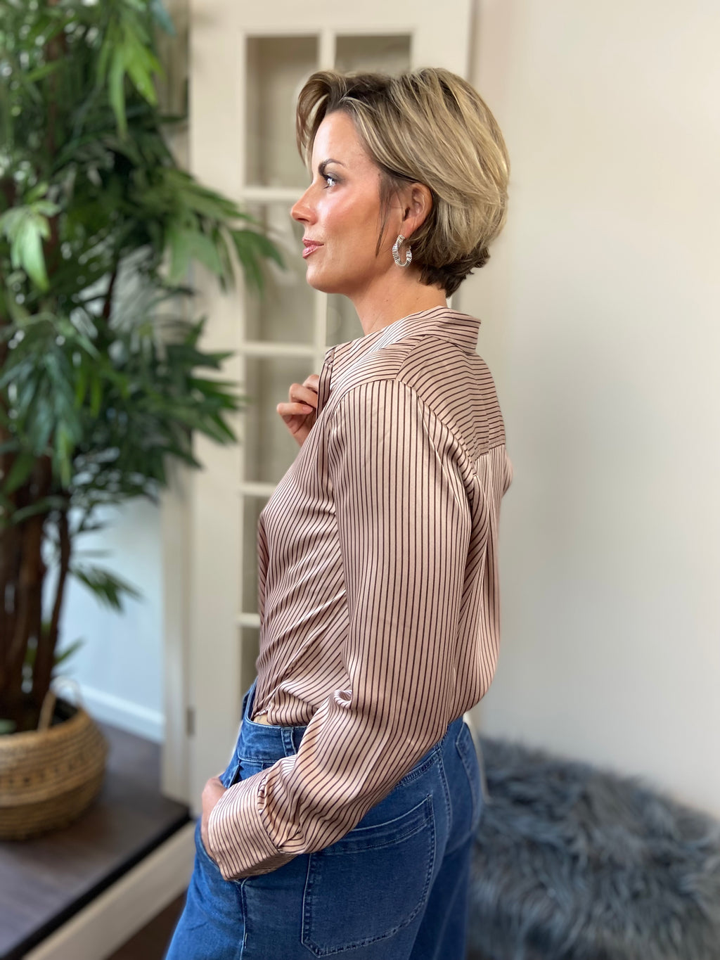 Ansel Light Mocha Pin Stripe Button Up - MK Threads Boutique
