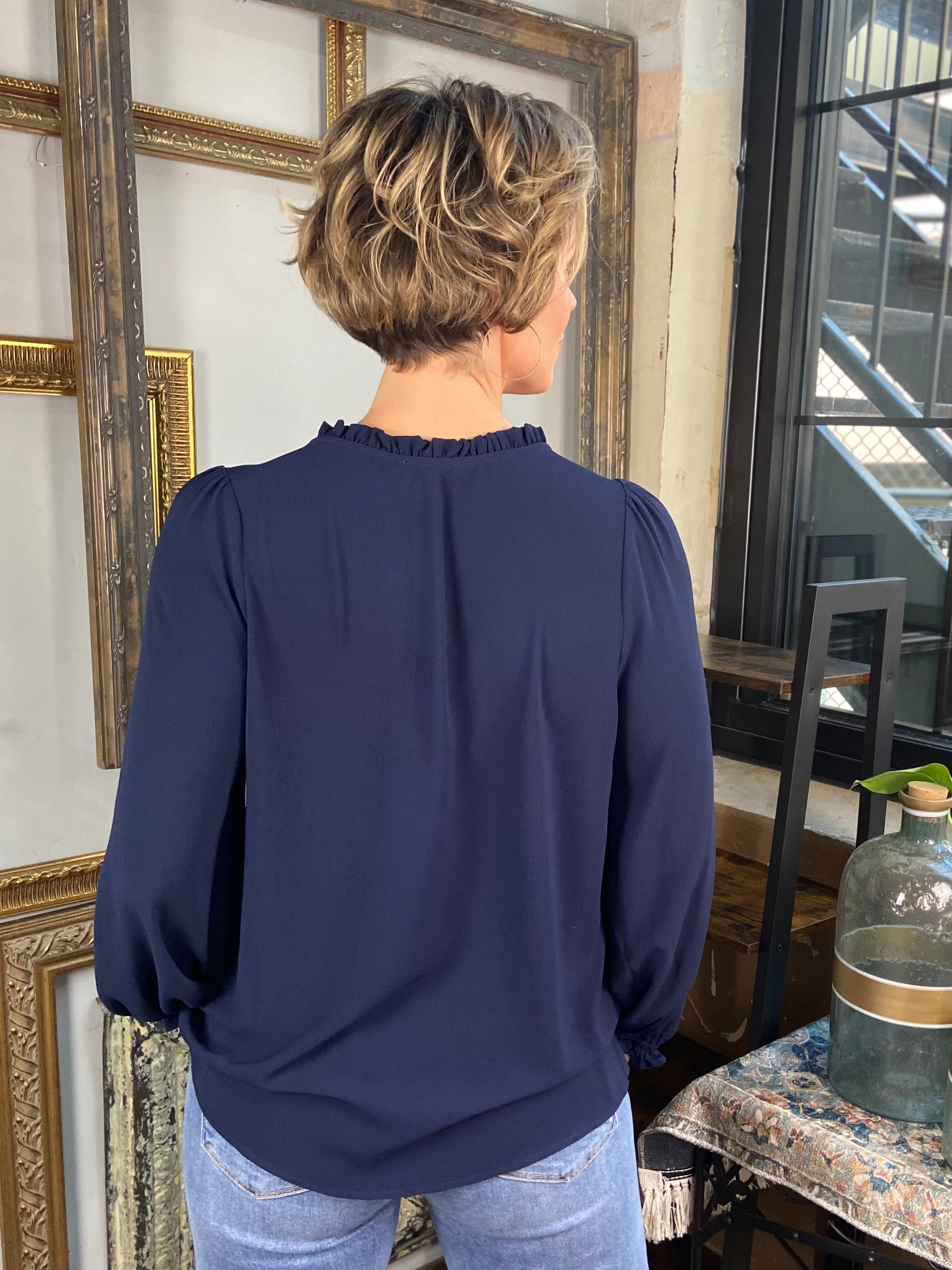 Nora Navy Blue Ruffle Long Sleeve Button Top
