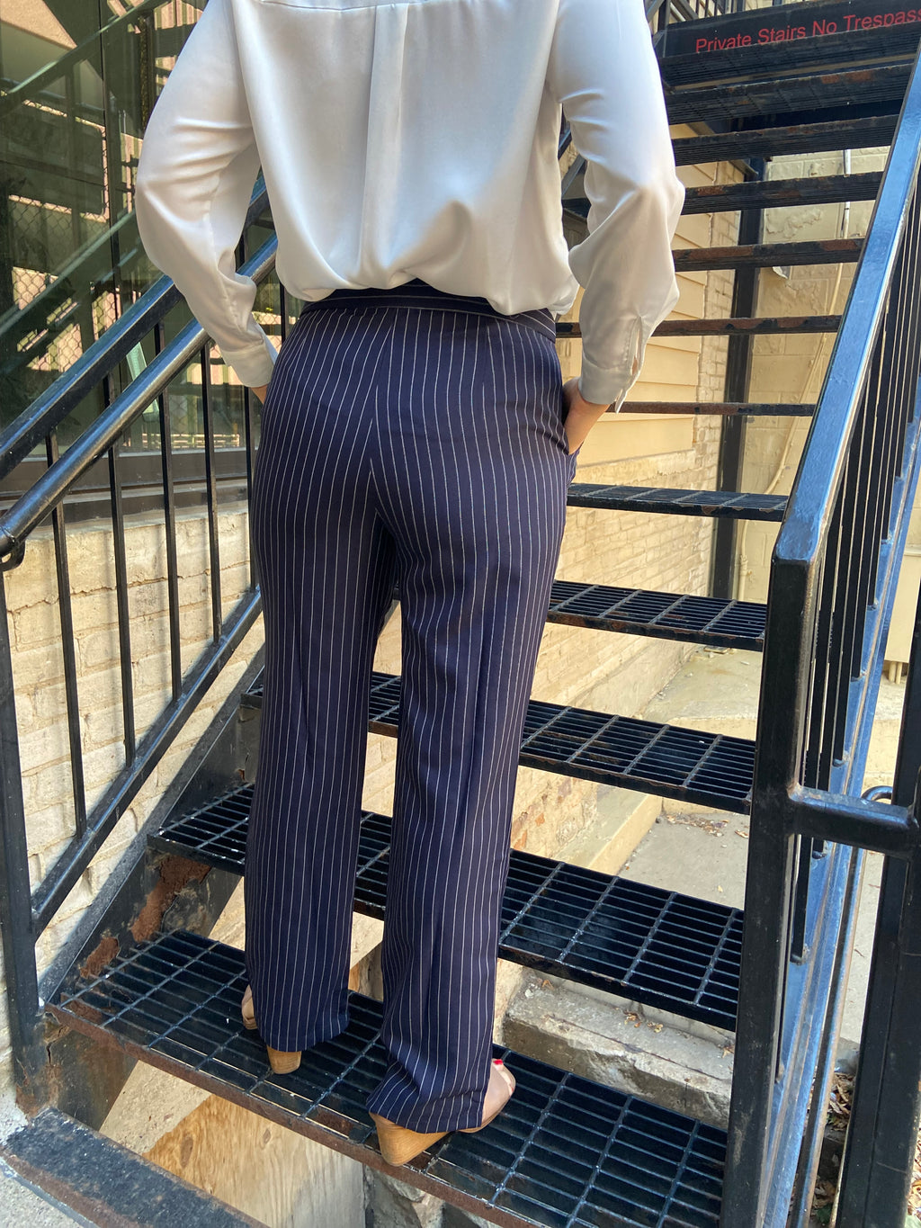 Cally Navy Straight Leg Striped Trousers