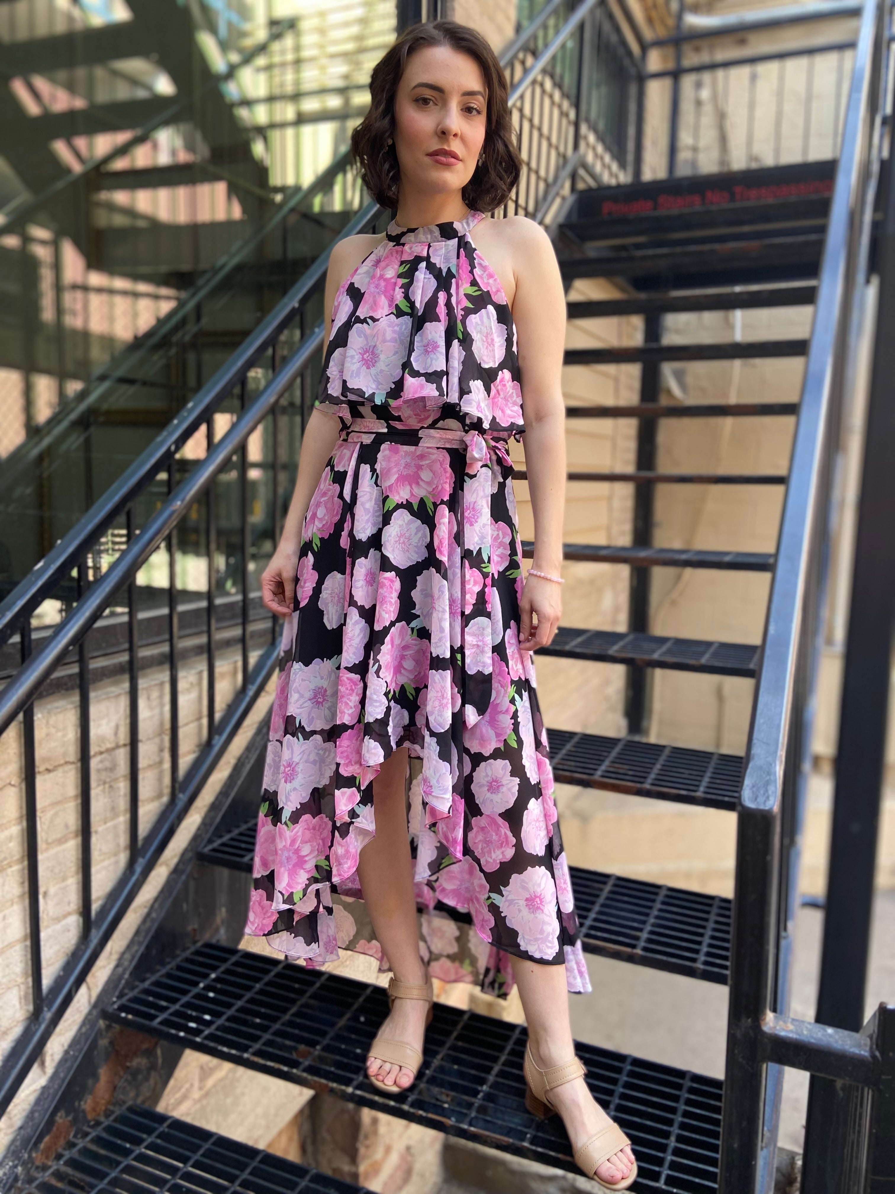 Ollie Black & Pink Halter Floral Maxi Dress