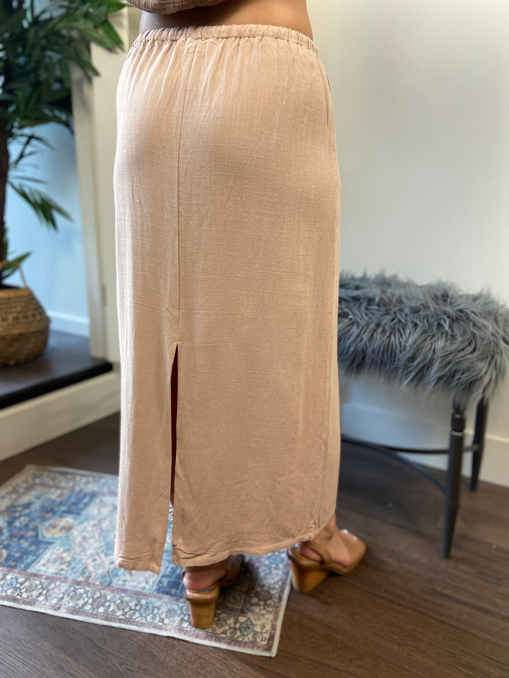 Source Beige Tie Waist Linen Midi Skirt - MK Threads Boutique