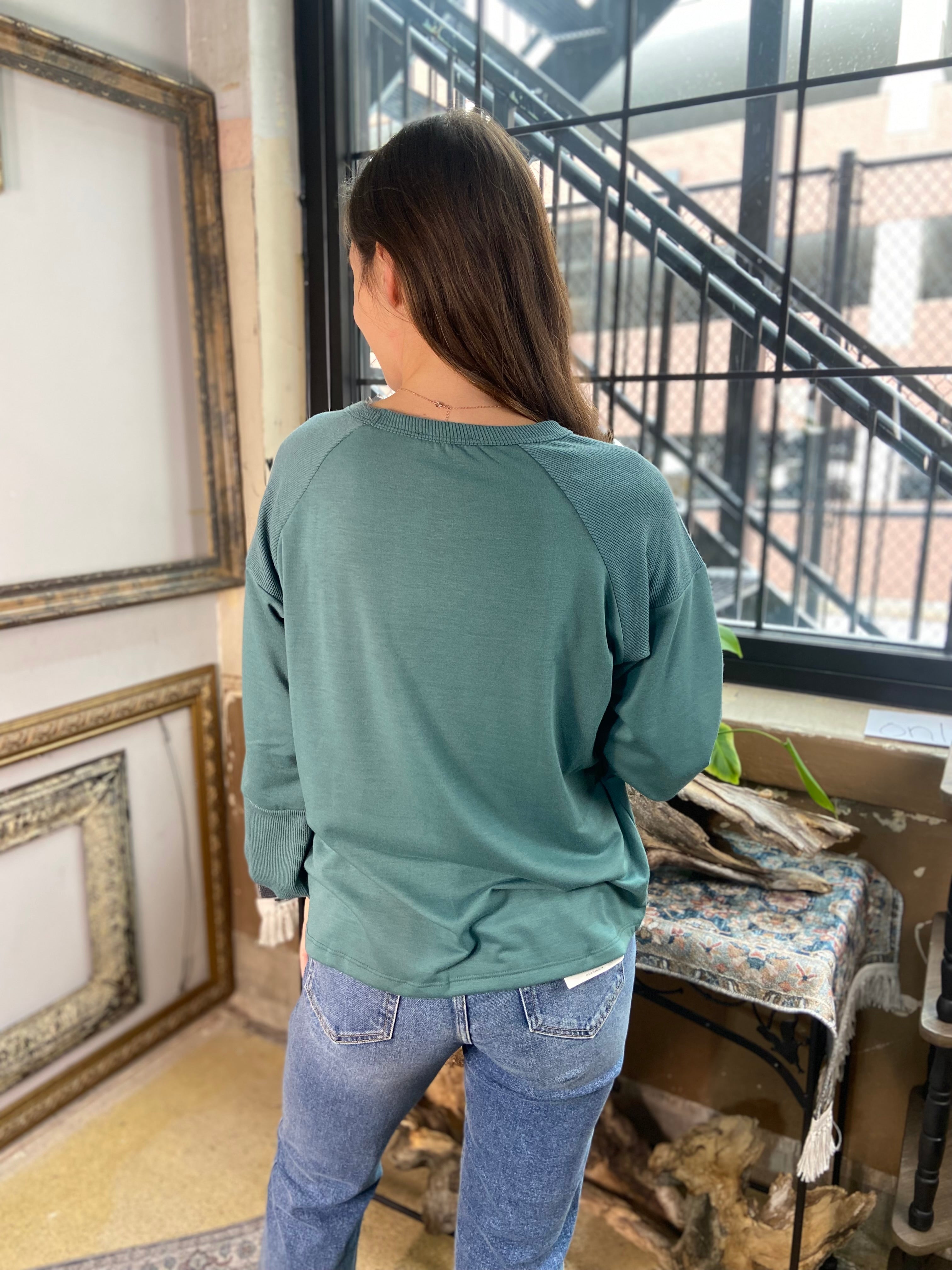 Olander Dusty Teal Wide Crew Neck Long Sleeve