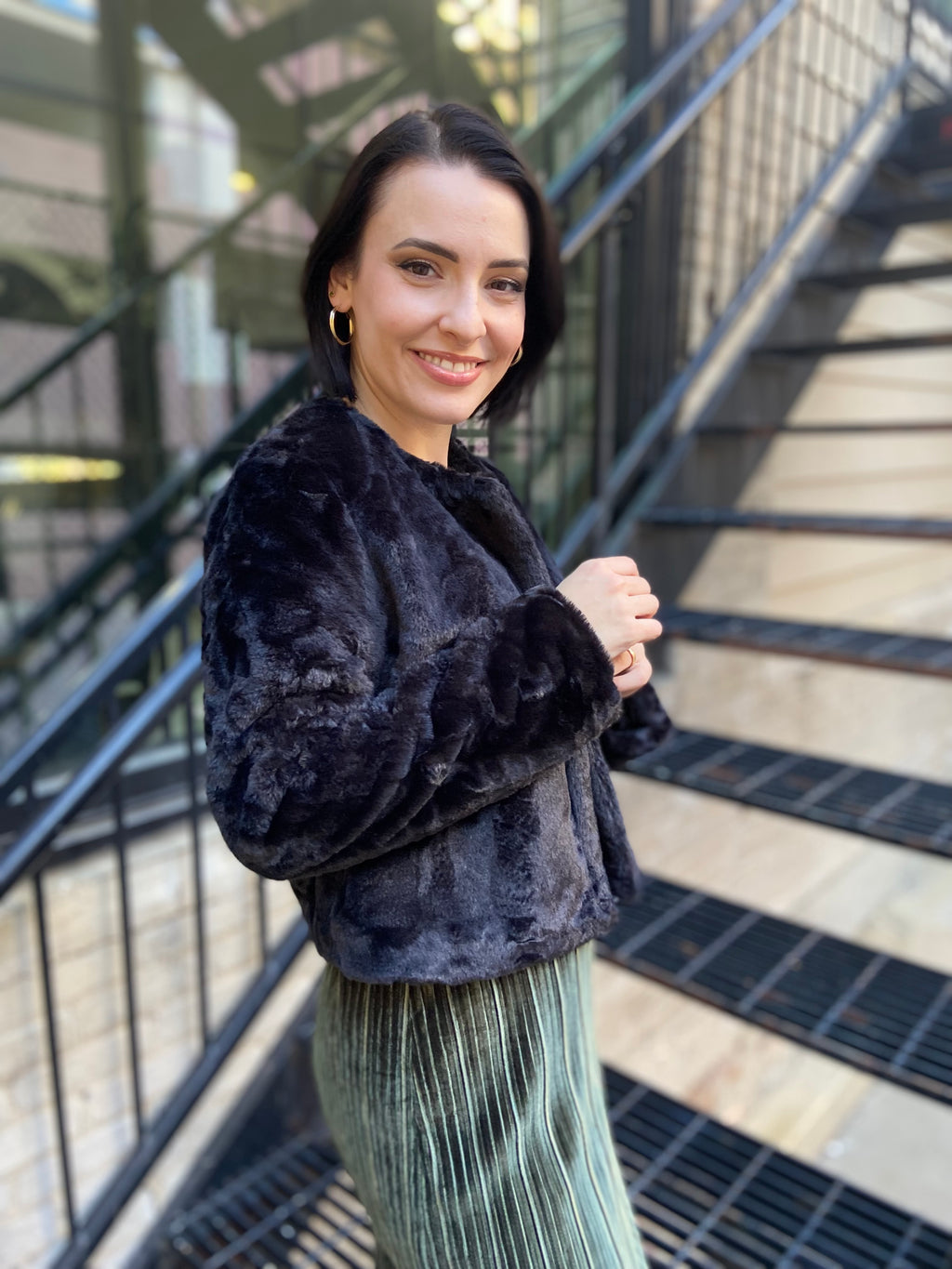 Lily Black Faux Fur Gold Button Jacket