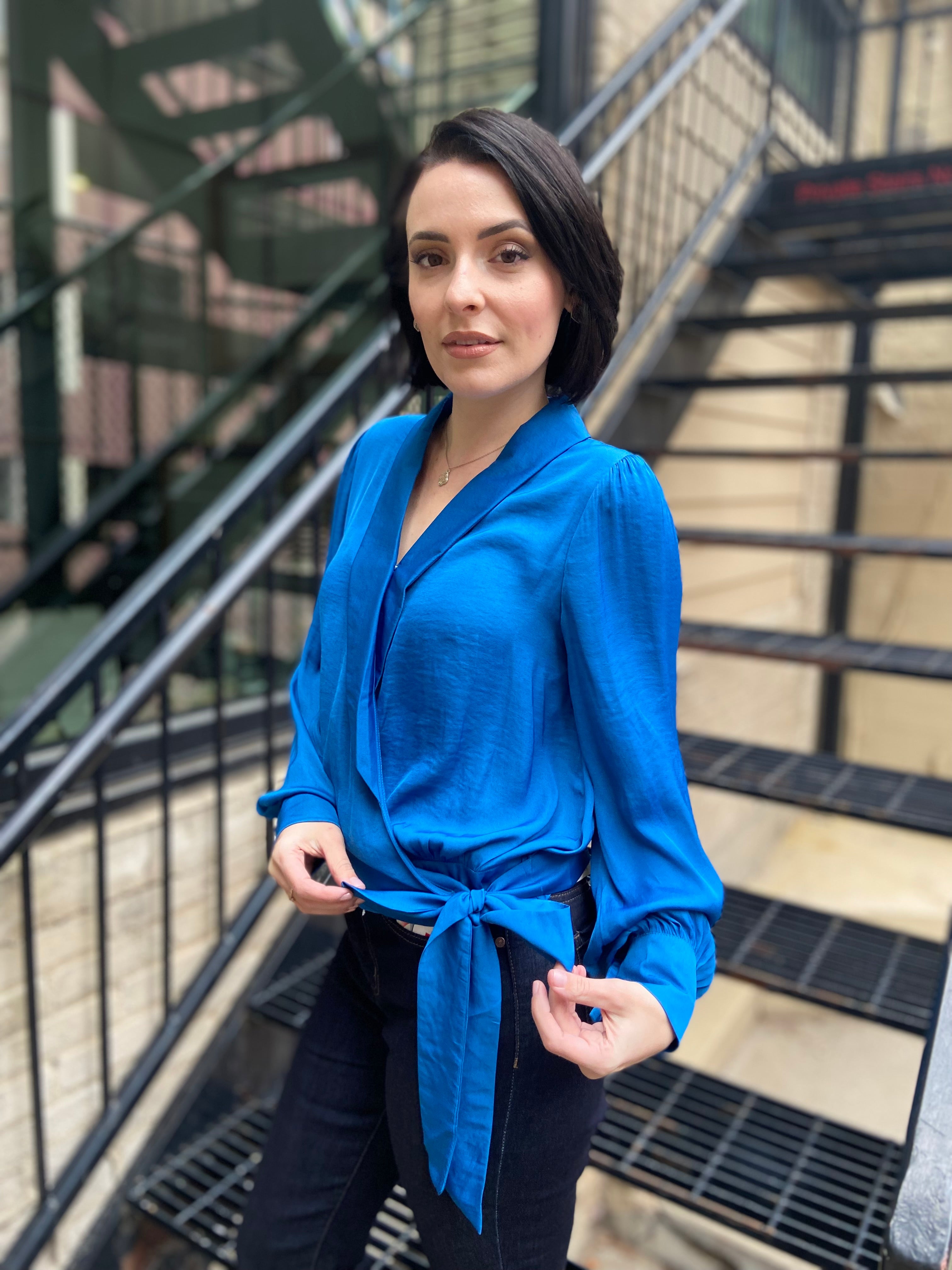 Brooke Blue Tie Long Balloon Sleeve Blouse
