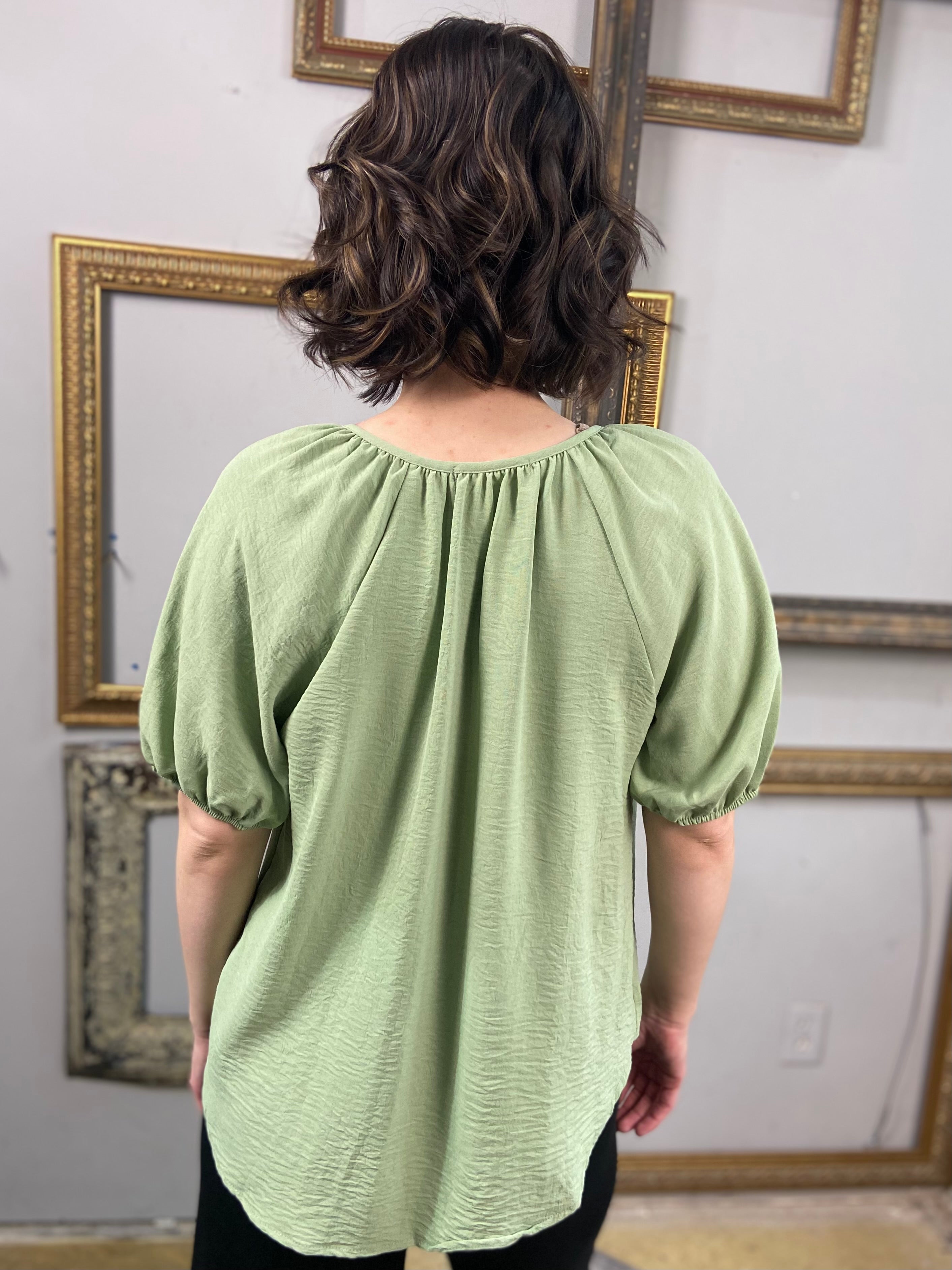 Abbi Sage Green Puff Short Sleeve Button Up - MK Threads Boutique