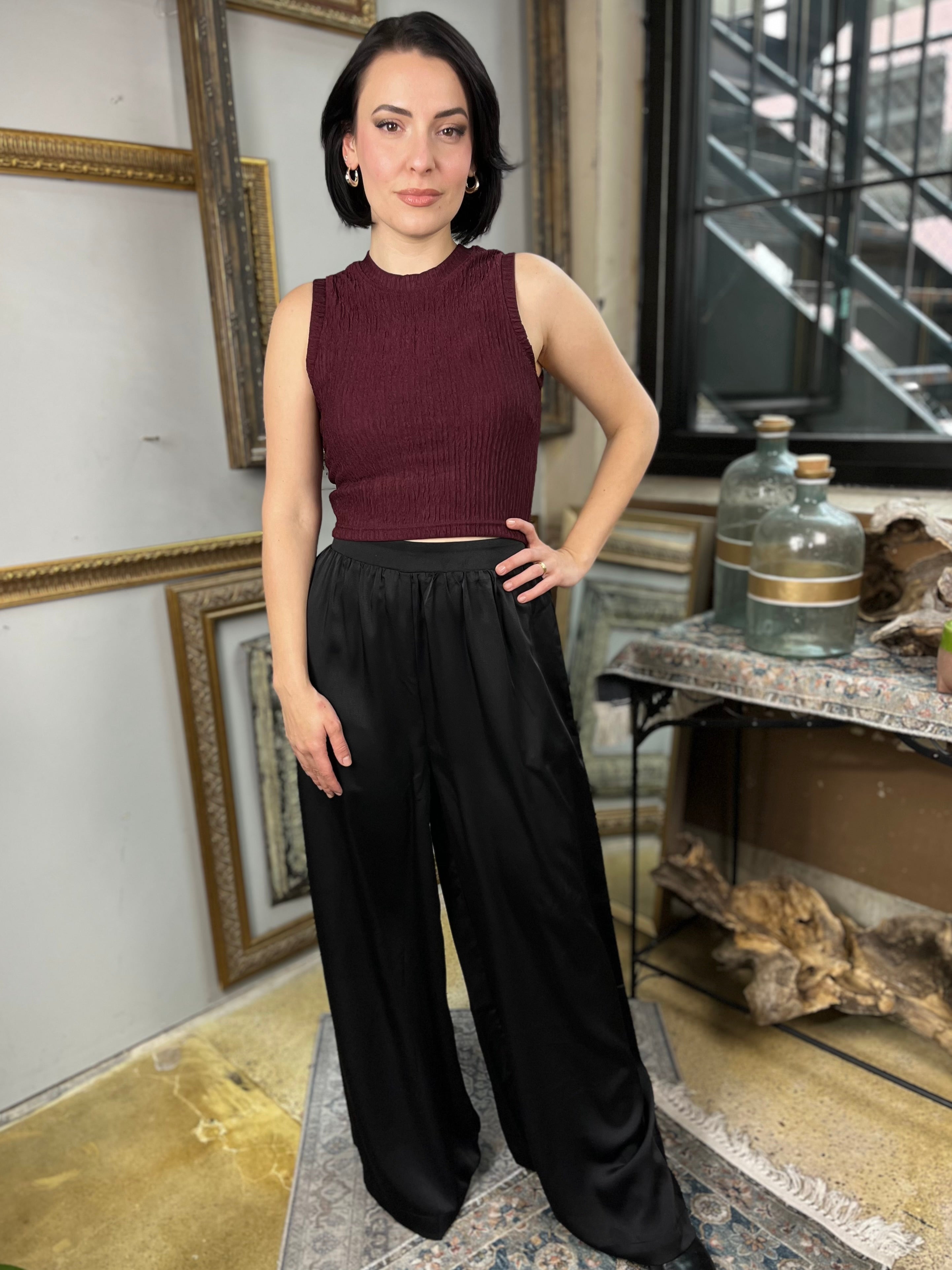 Sally Black Satin Wide Leg Pants