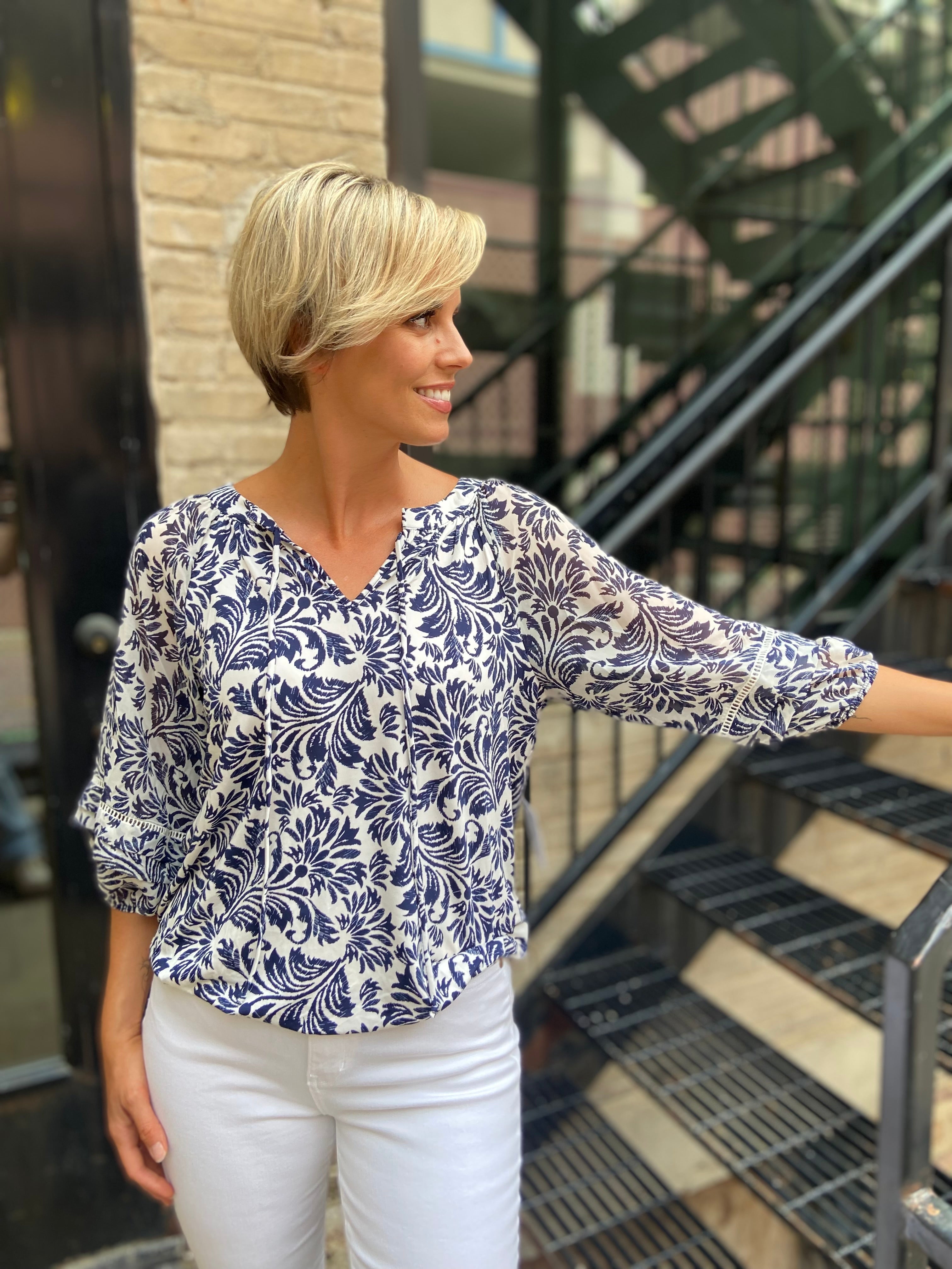 Allison Cream and Navy Floral Quarter Sleeve Blouse