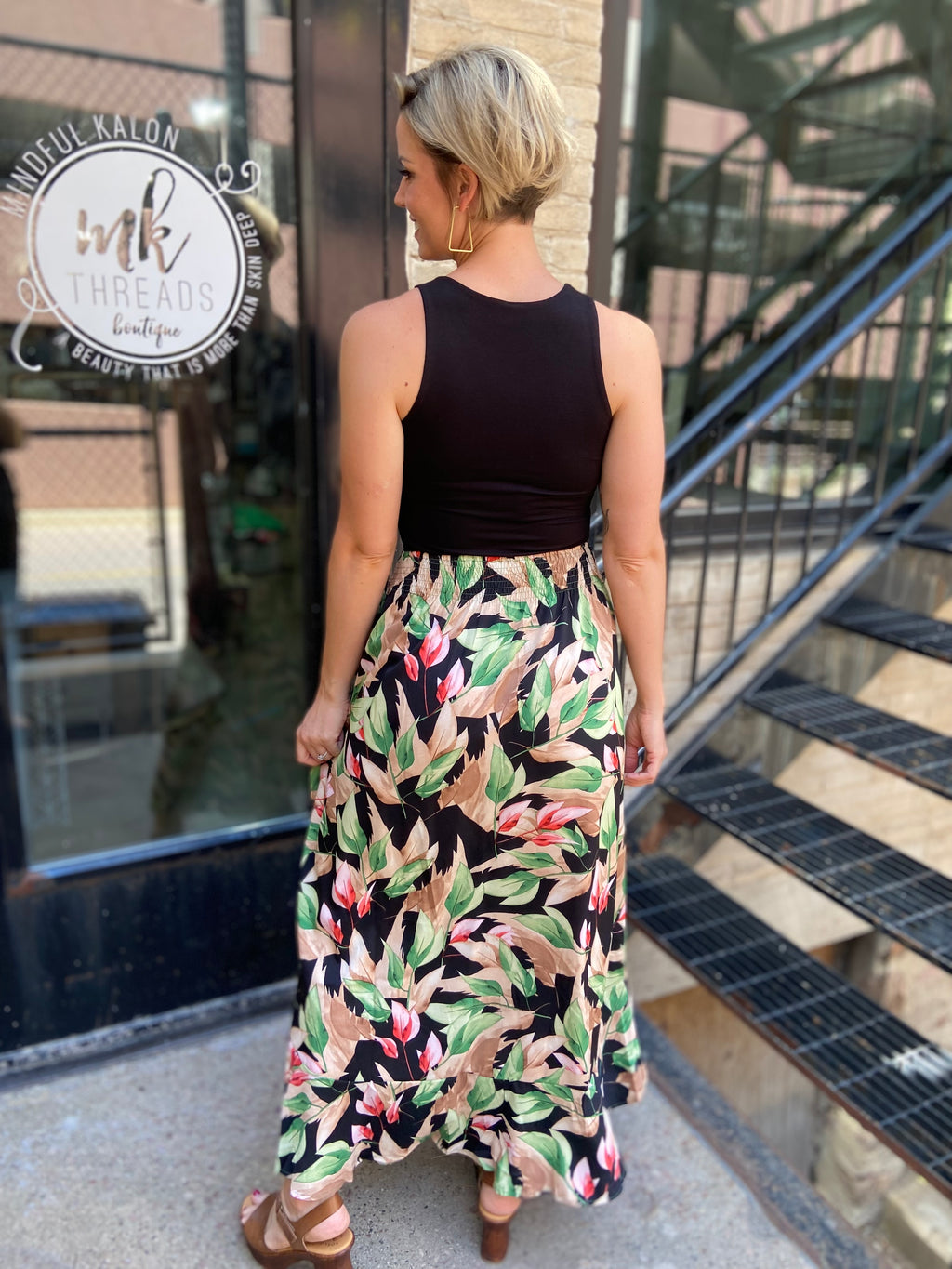 Natalia Black Tropical Pattern Midi Skirt