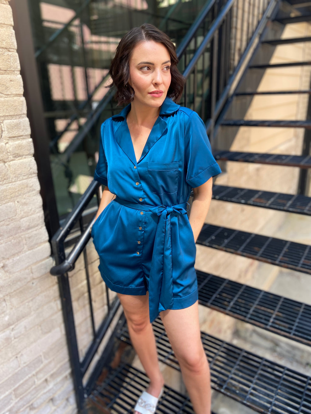 Harper Teal Satin Romper