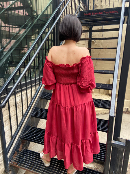 Tatum Wine Puff Sleeve Midi dress
