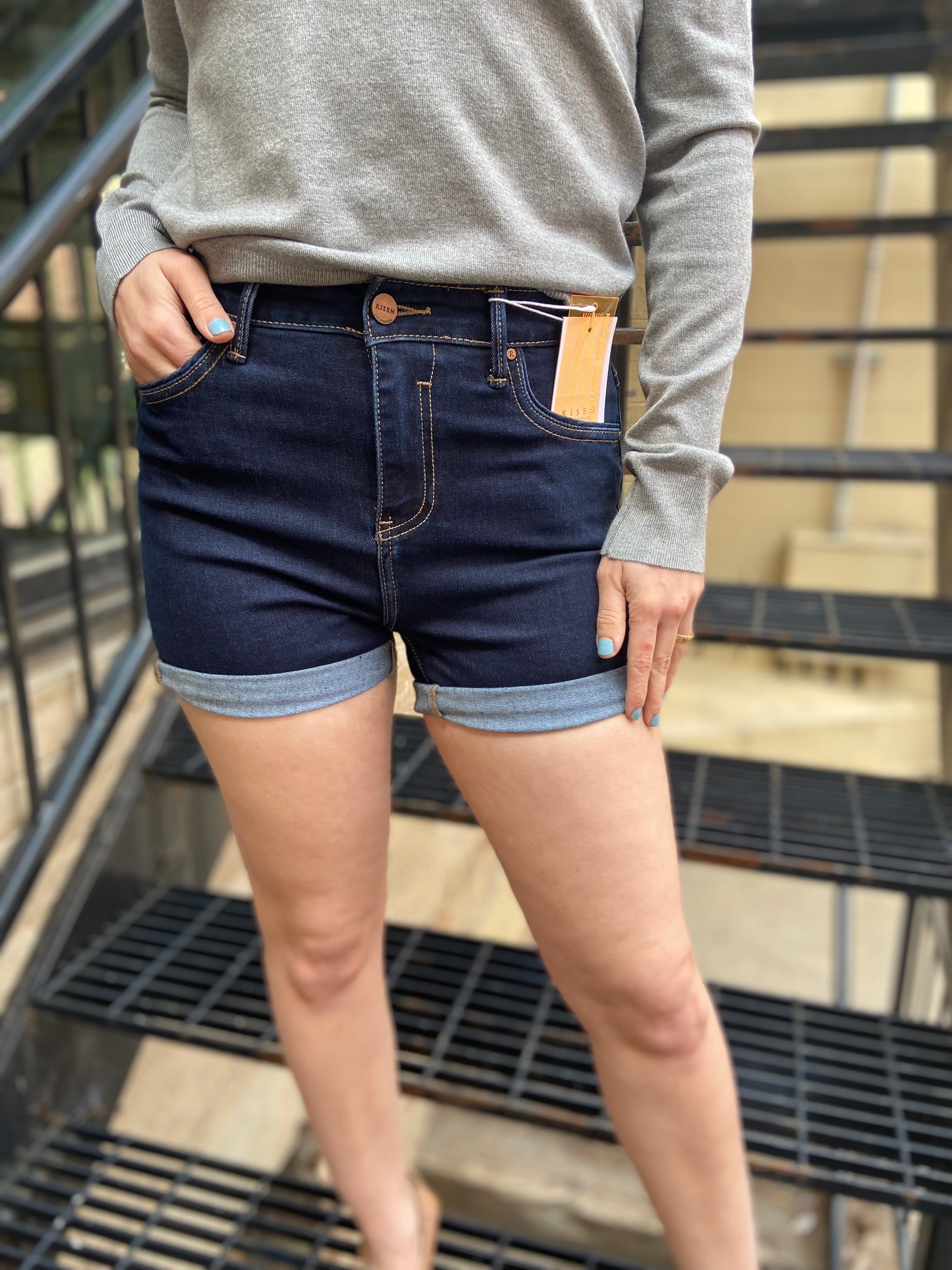 Thane Dark Wash High Rise Risen Jean Shorts - MK Threads Boutique
