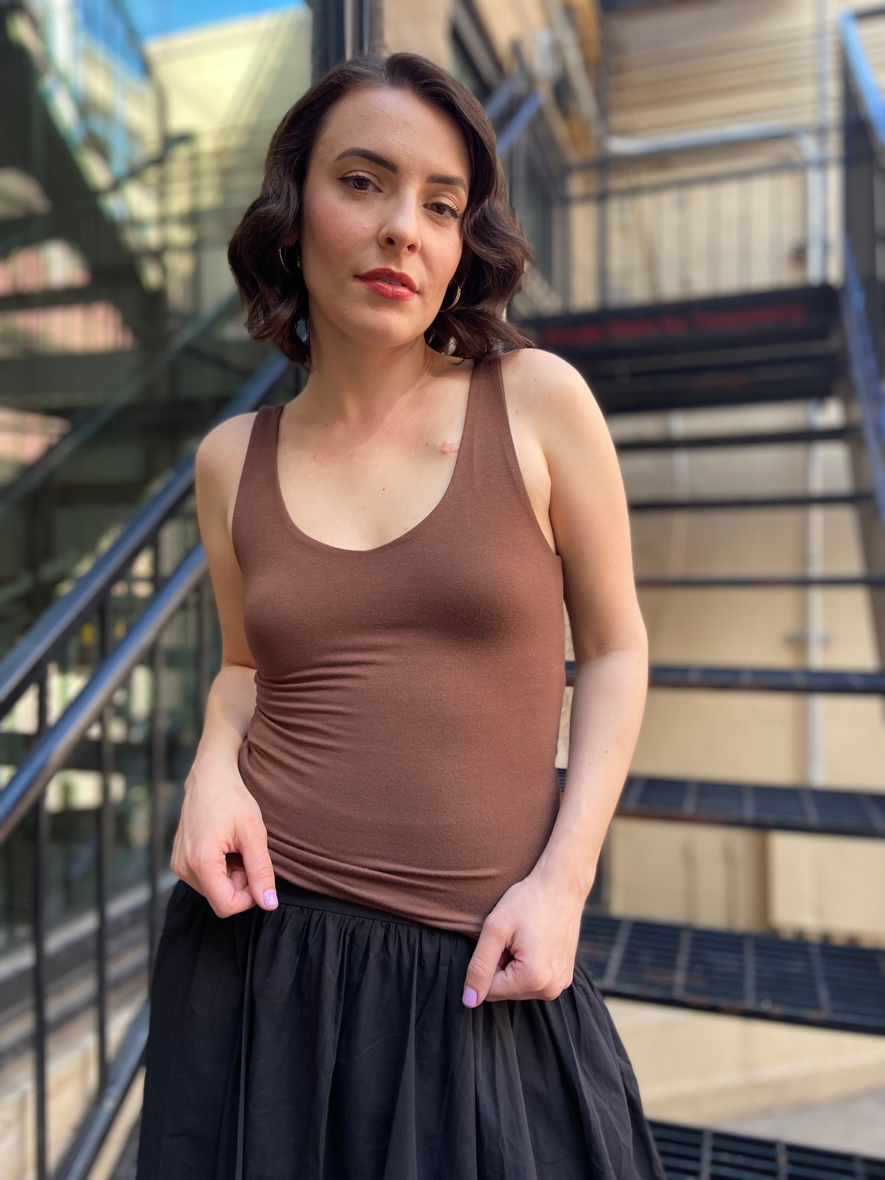 Rula Brown Double Line V Neck Tank Top - MK Threads Boutique