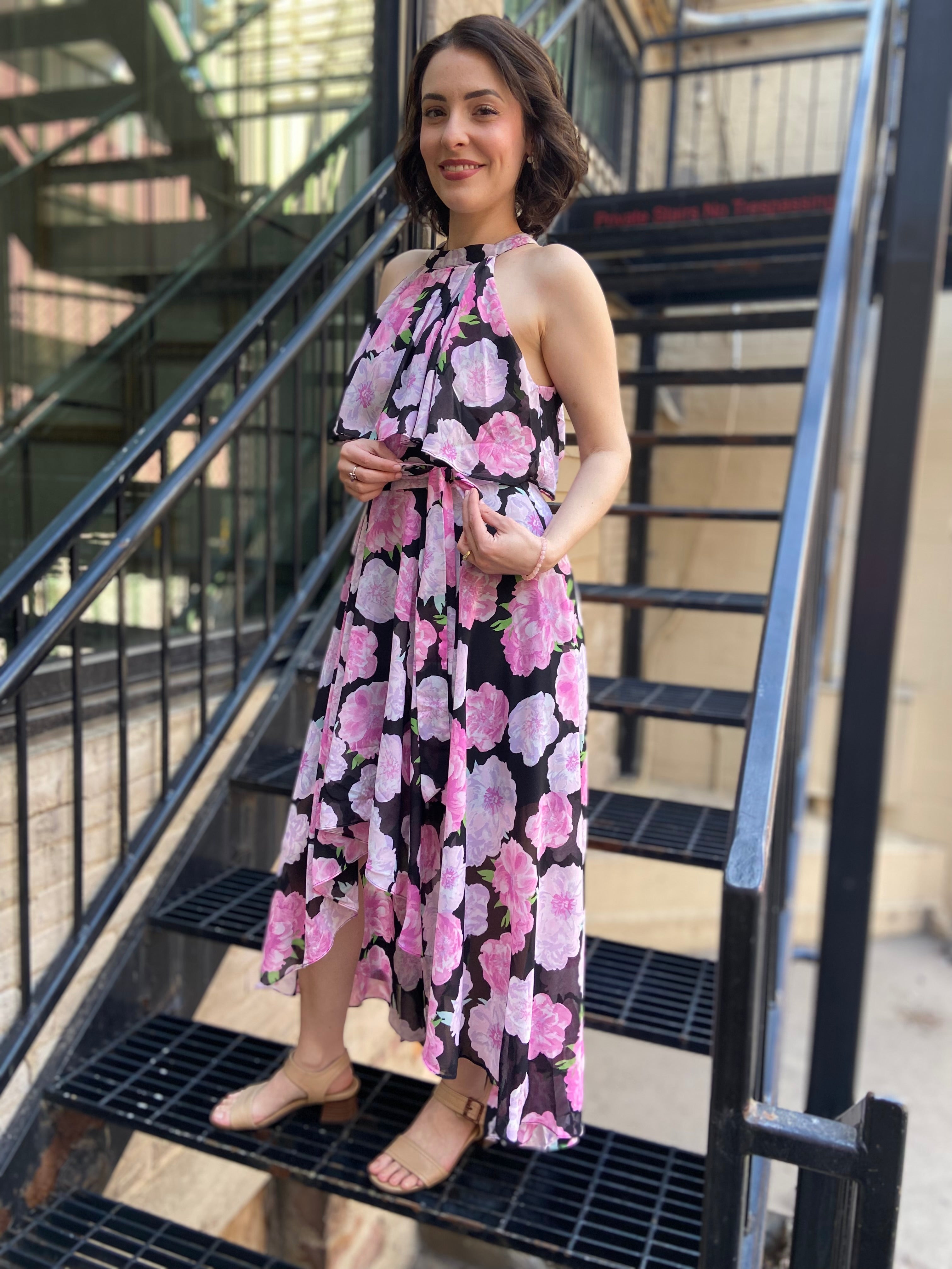 Ollie Black & Pink Halter Floral Maxi Dress
