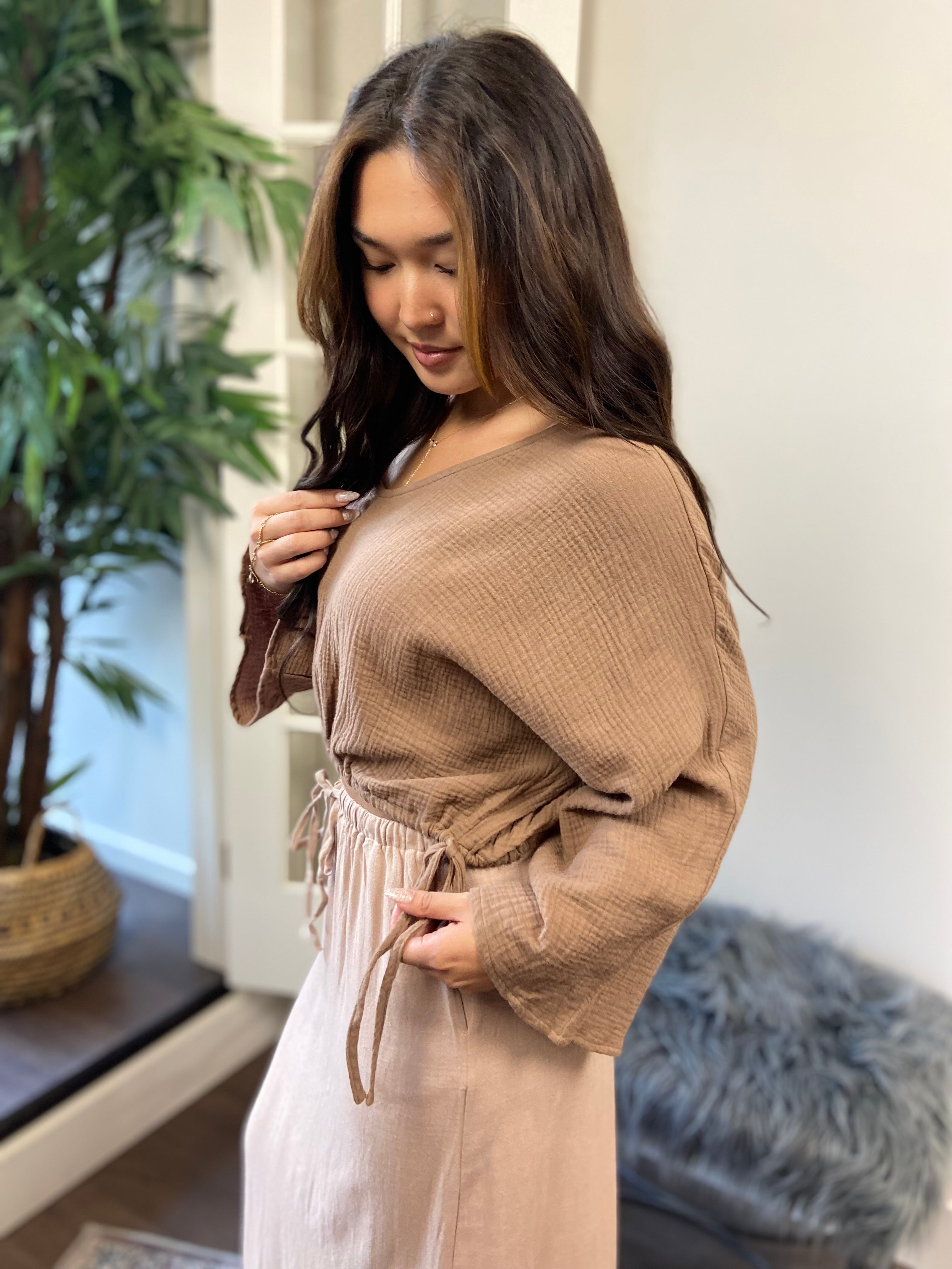 Calla Tan Guaze Bell Sleeve Top - MK Threads Boutique