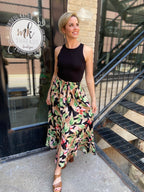 Natalia Black Tropical Pattern Midi Skirt