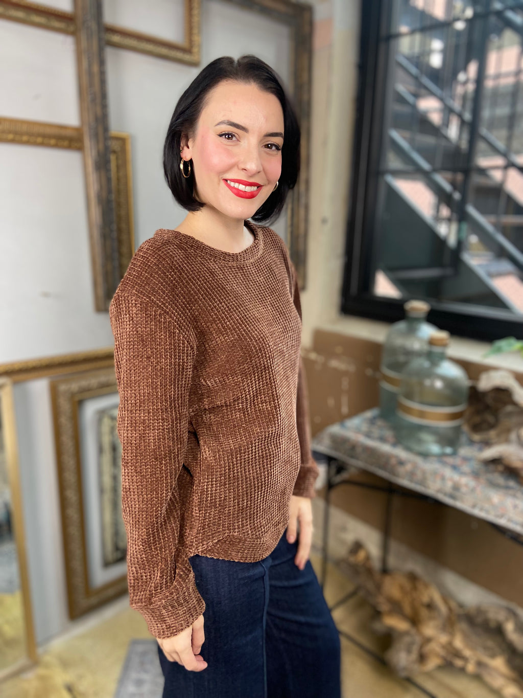 Kayla Brown Chenille Waffle Round Neck Sweater