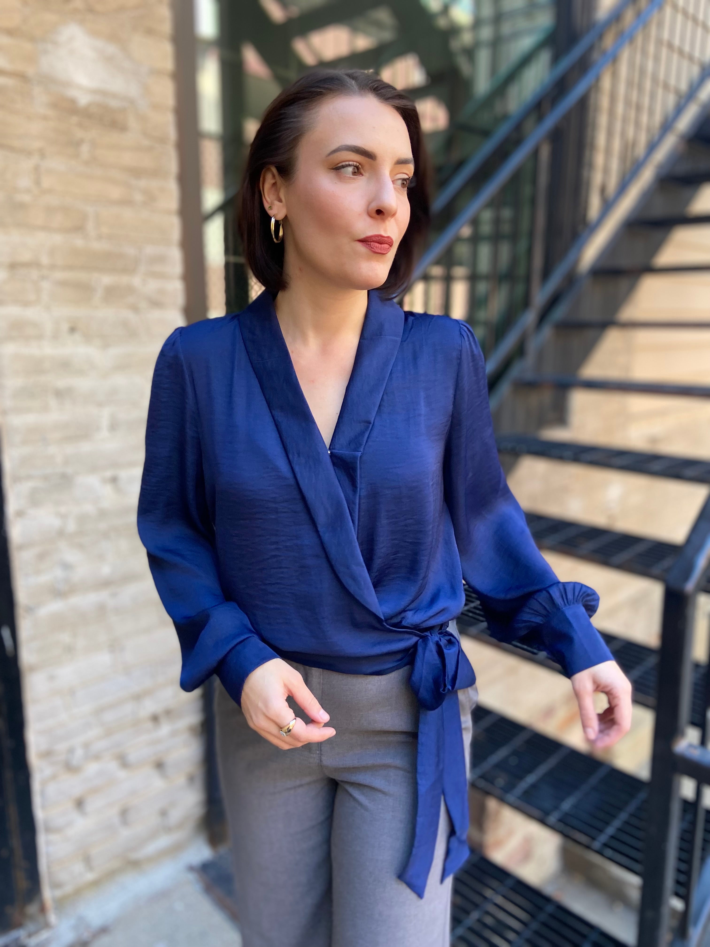 Brooke Navy Tie Long Balloon Sleeve Blouse