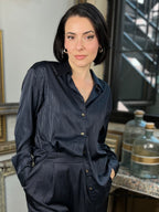 Nito Navy Satin Pin Stripe Button Up