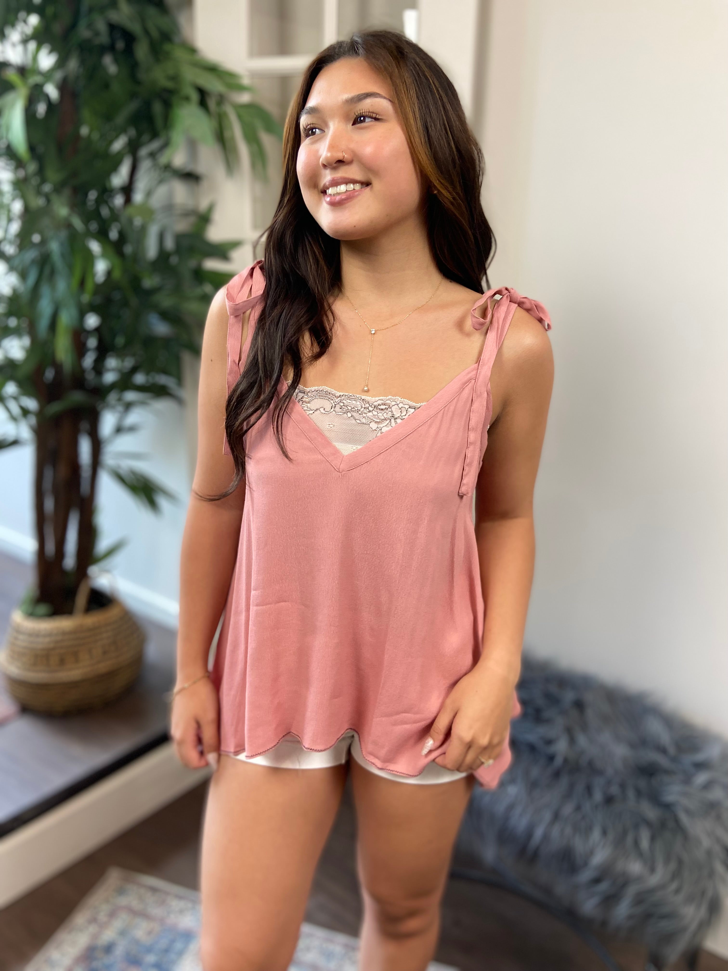 Willa Light Pink Shoulder Tie Tank Top - MK Threads Boutique