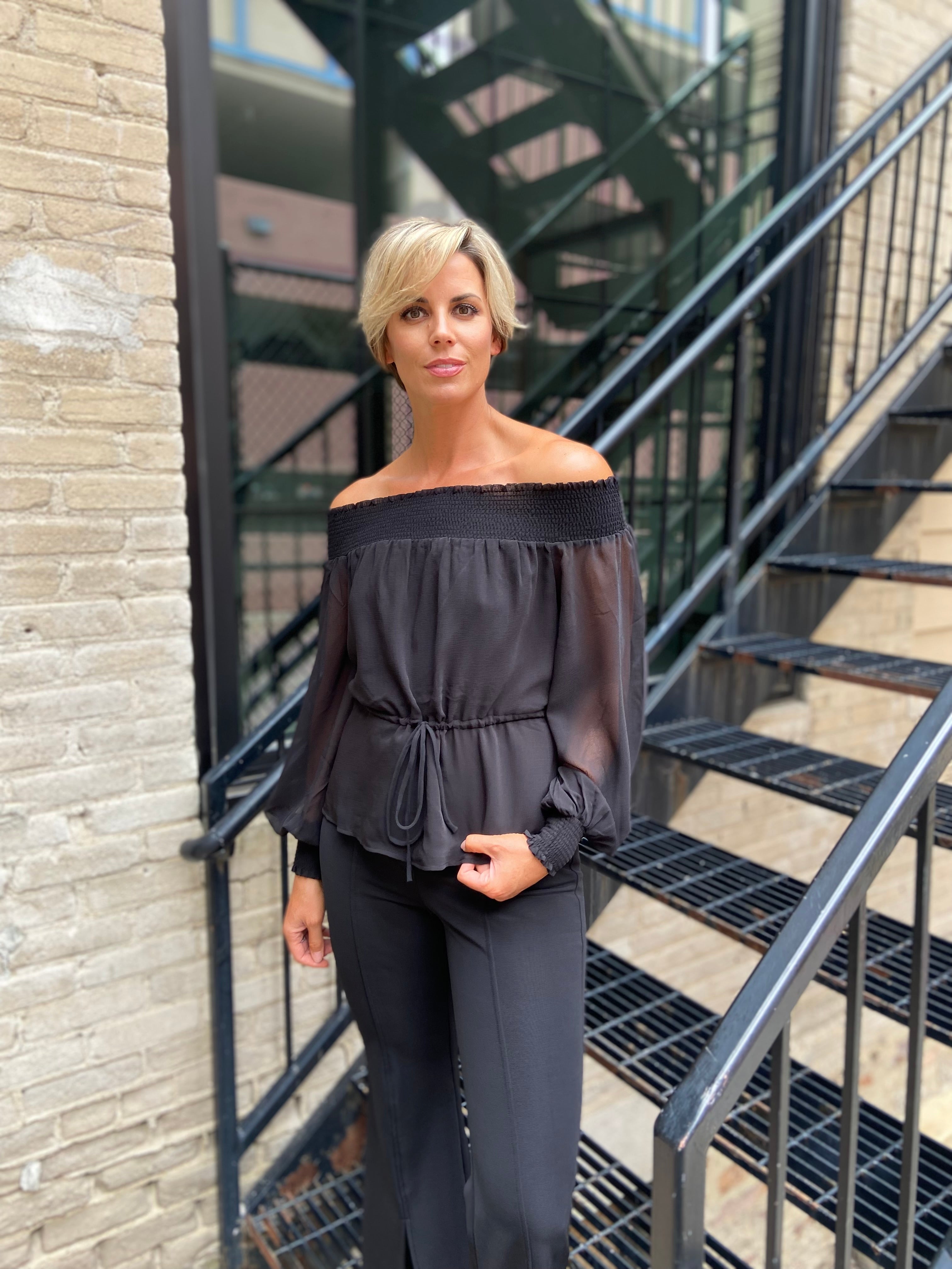 Susan Black Smocked Off Shoulder Long Sleeve Top