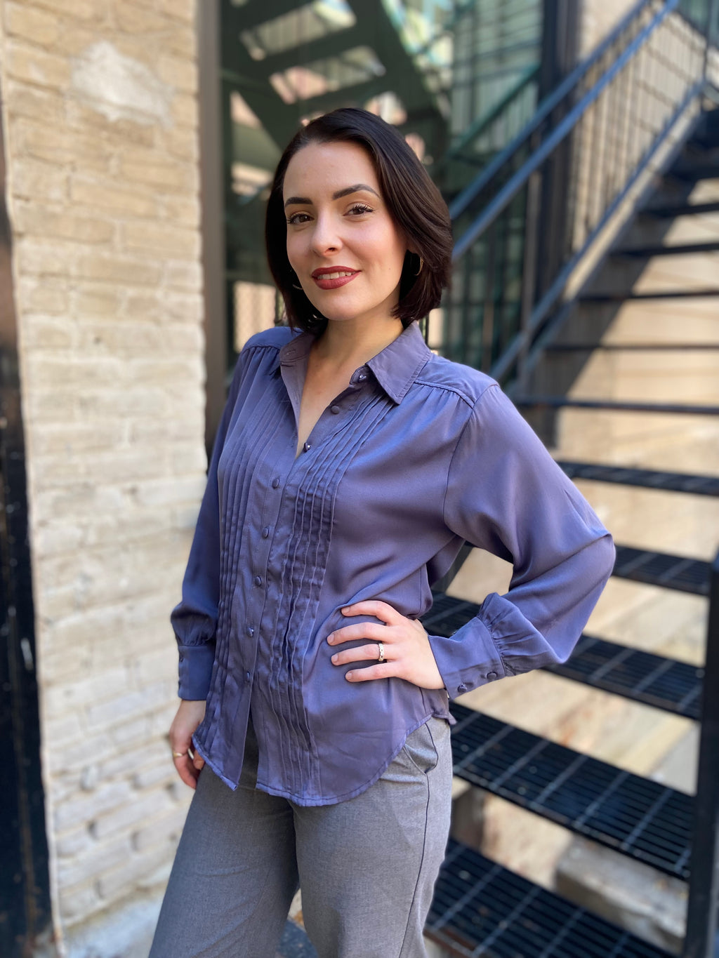 Kate Dusty Blue Pleated Long Sleeve Button Up