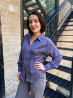 Kate Dusty Blue Pleated Long Sleeve Button Up
