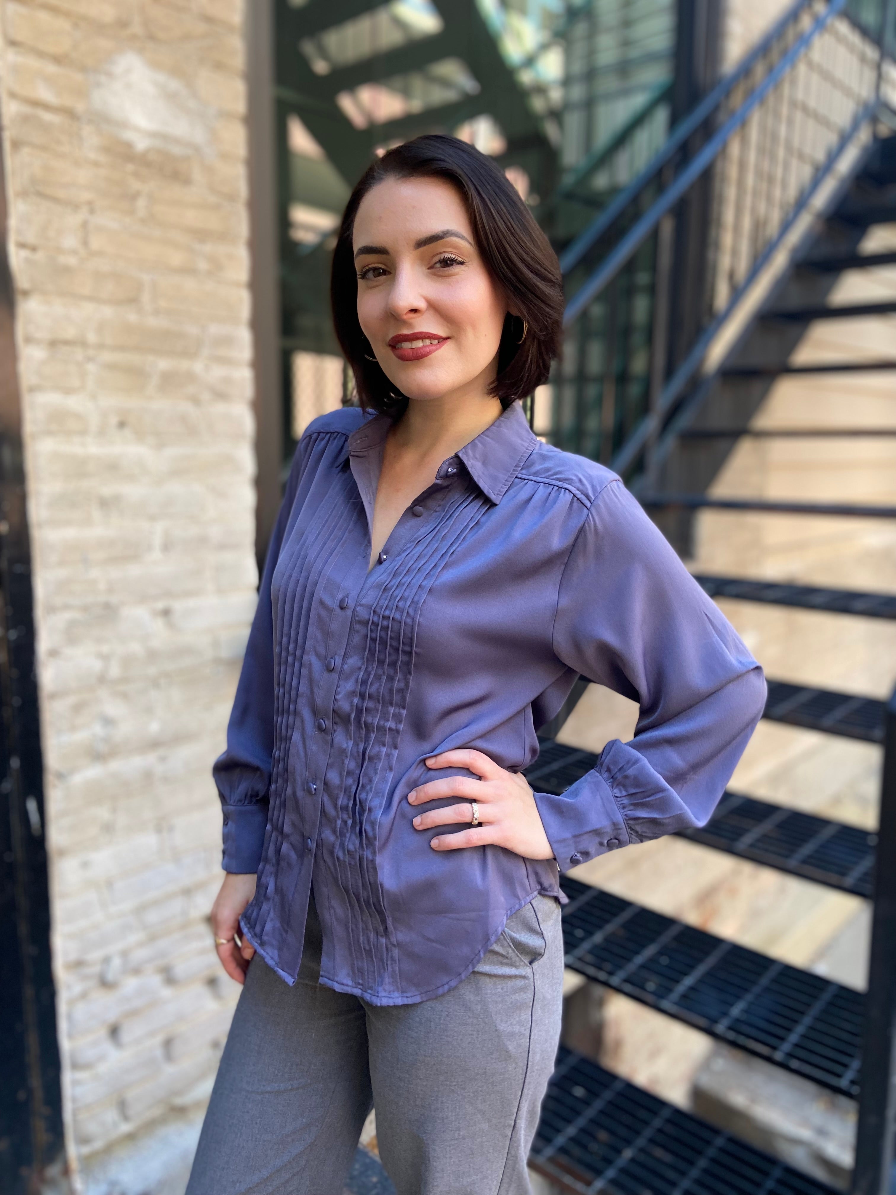 Kate Dusty Blue Pleated Long Sleeve Button Up