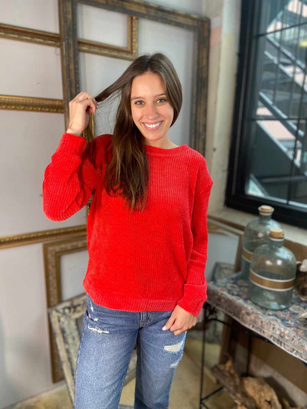 Kayla Ruby Chenille Waffle Round Neck Sweater