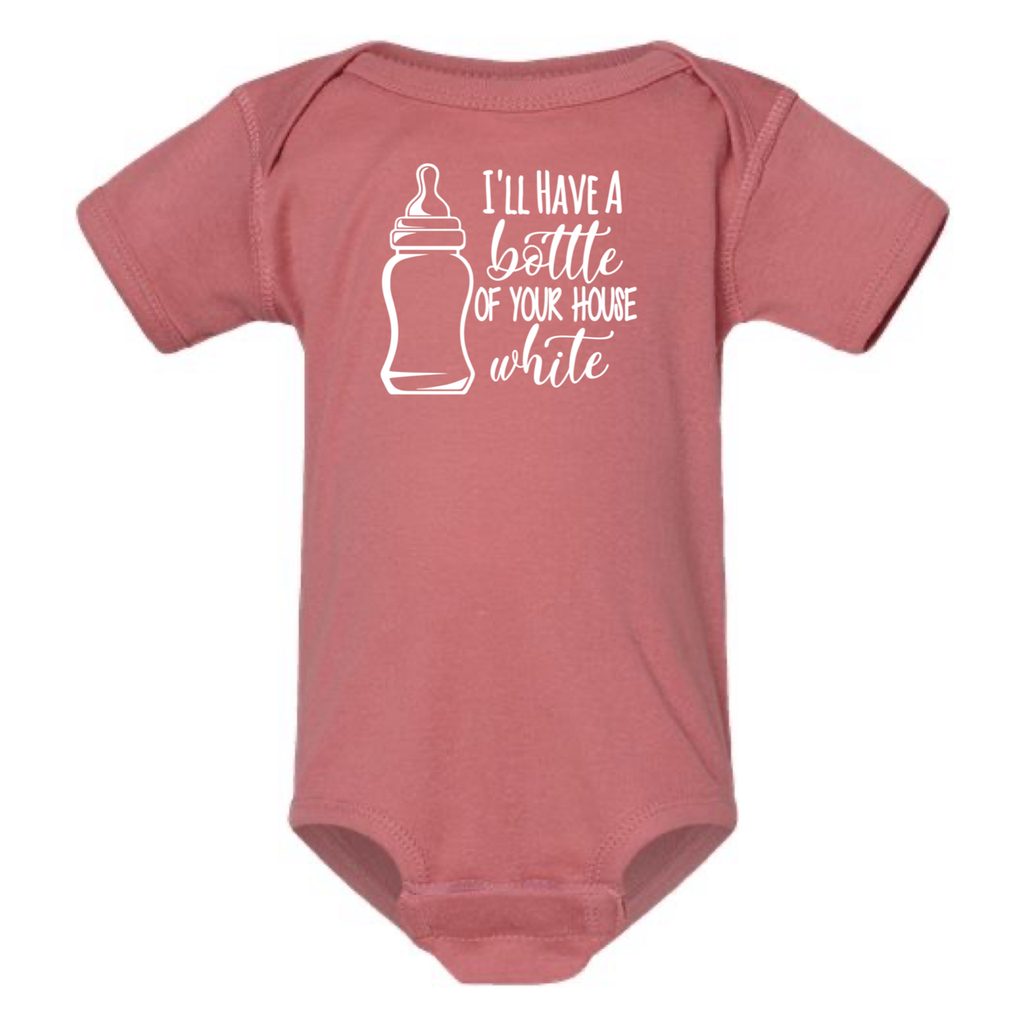 I'LL HAVE A BOTTLE OF YOUR HOUSE WHITE BABY ONESIE: Charcoal -12 months
