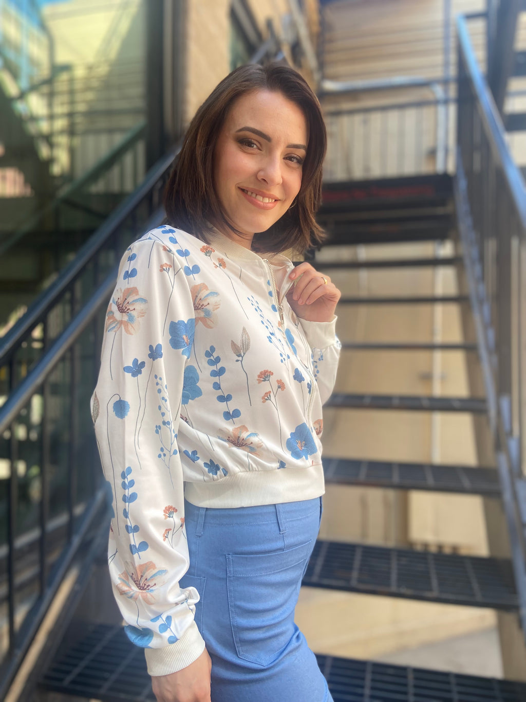 Blue Floral Zip Up Jacket