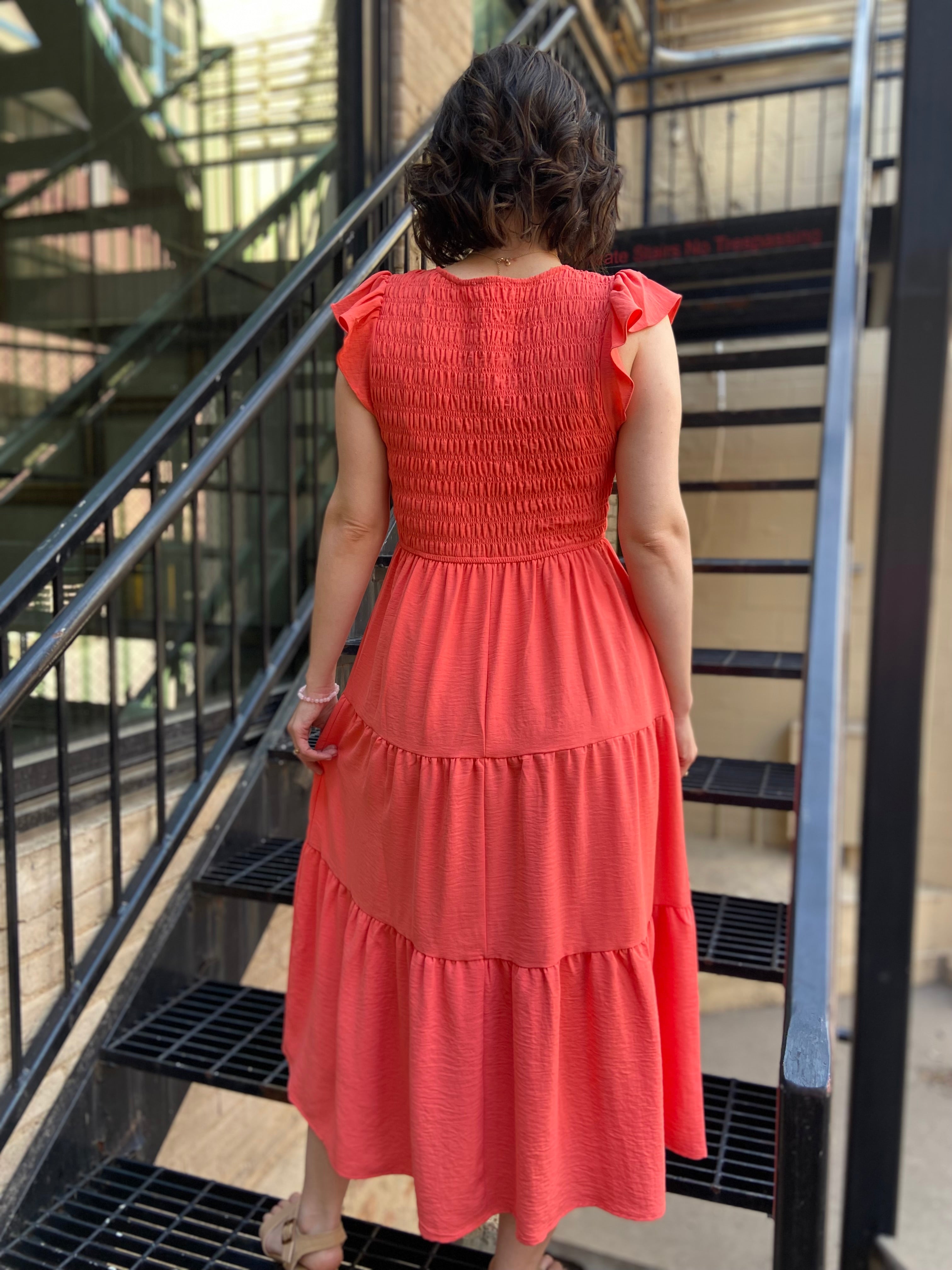Arianna Coral Flutter Sleeve Maxi Dress