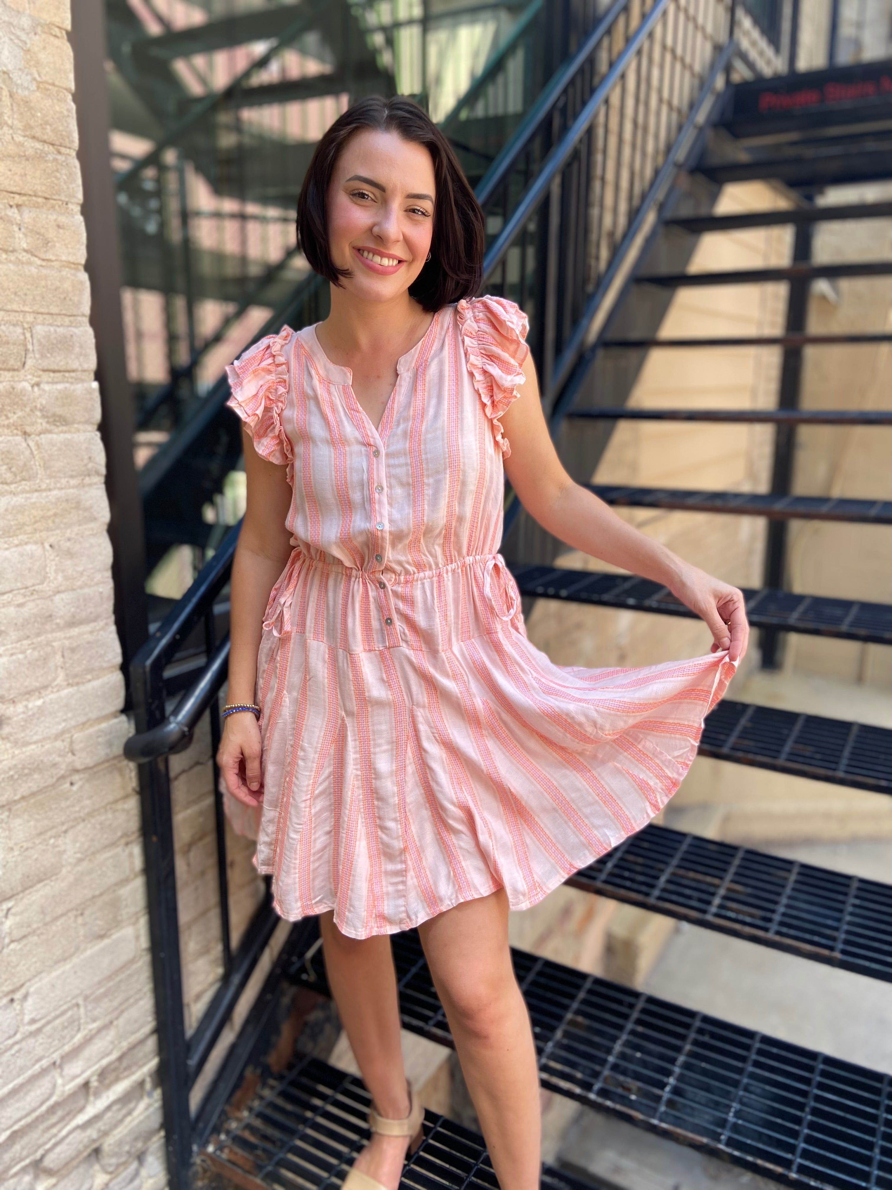 Siena Coral Striped Tie Waist Mini Dress