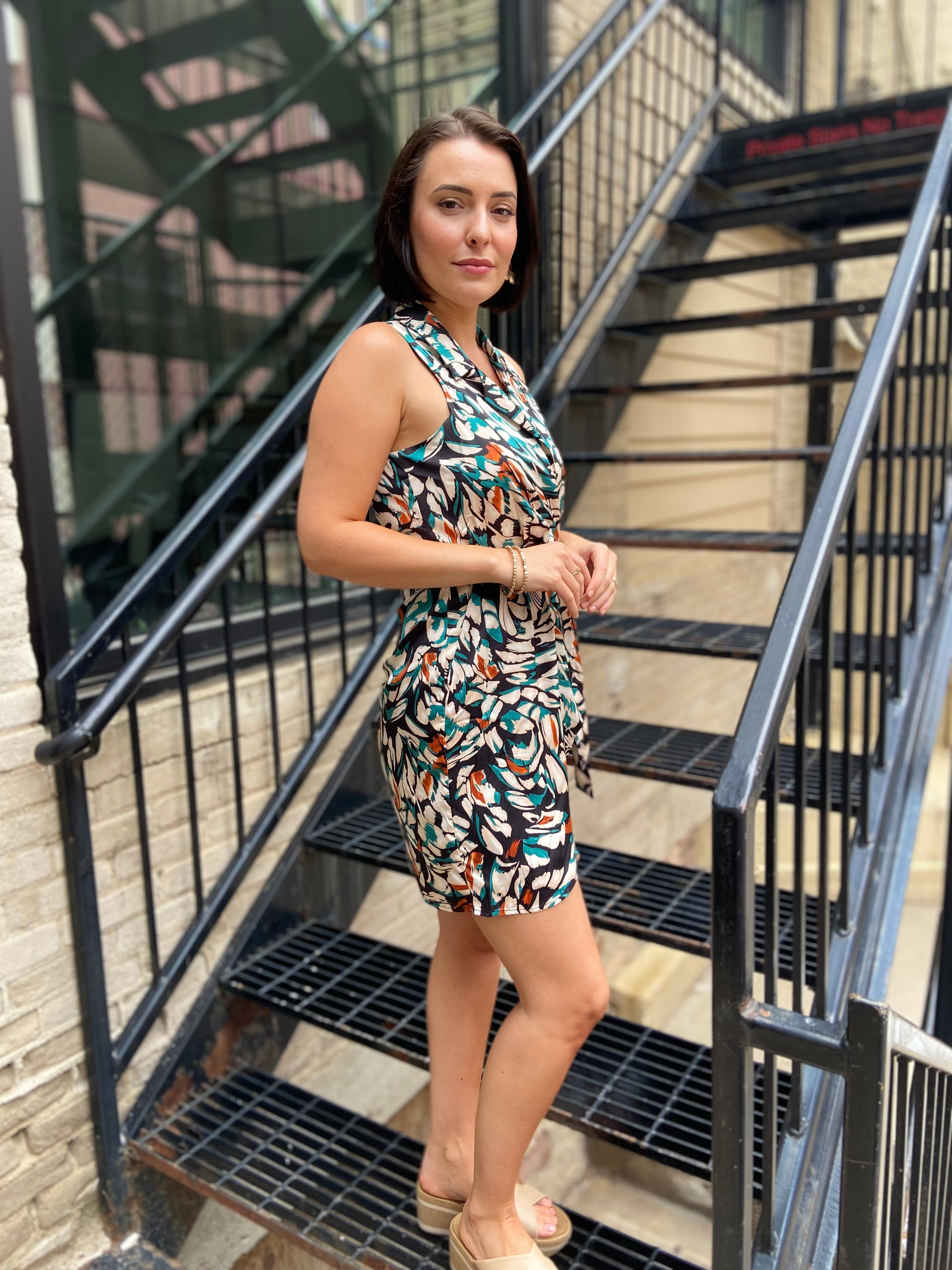 Penelope Teal Satin Floral Sleeveless Dress