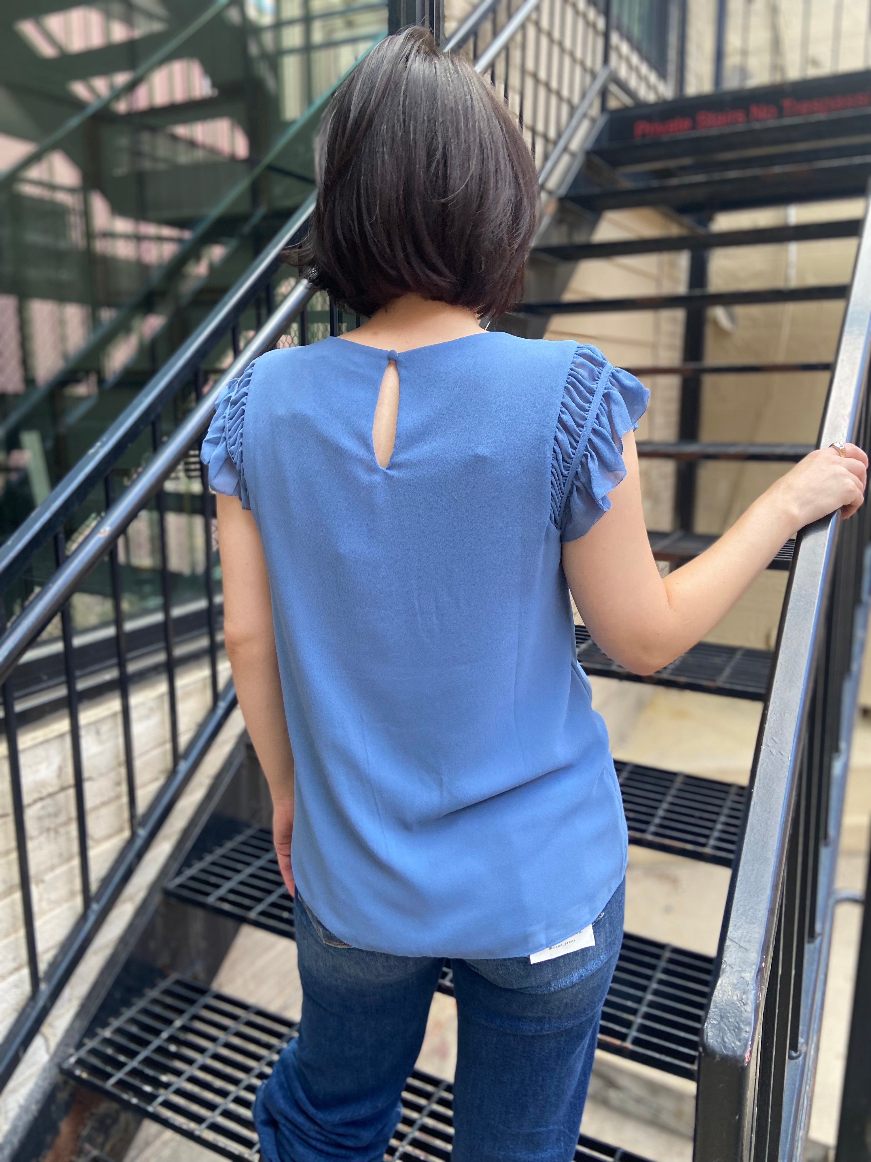 Miles Light Blue Ruffled Shoulder Cap Sleeve Top