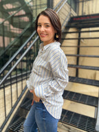 Katie Blue Striped Pocket Long Sleeve Blouse